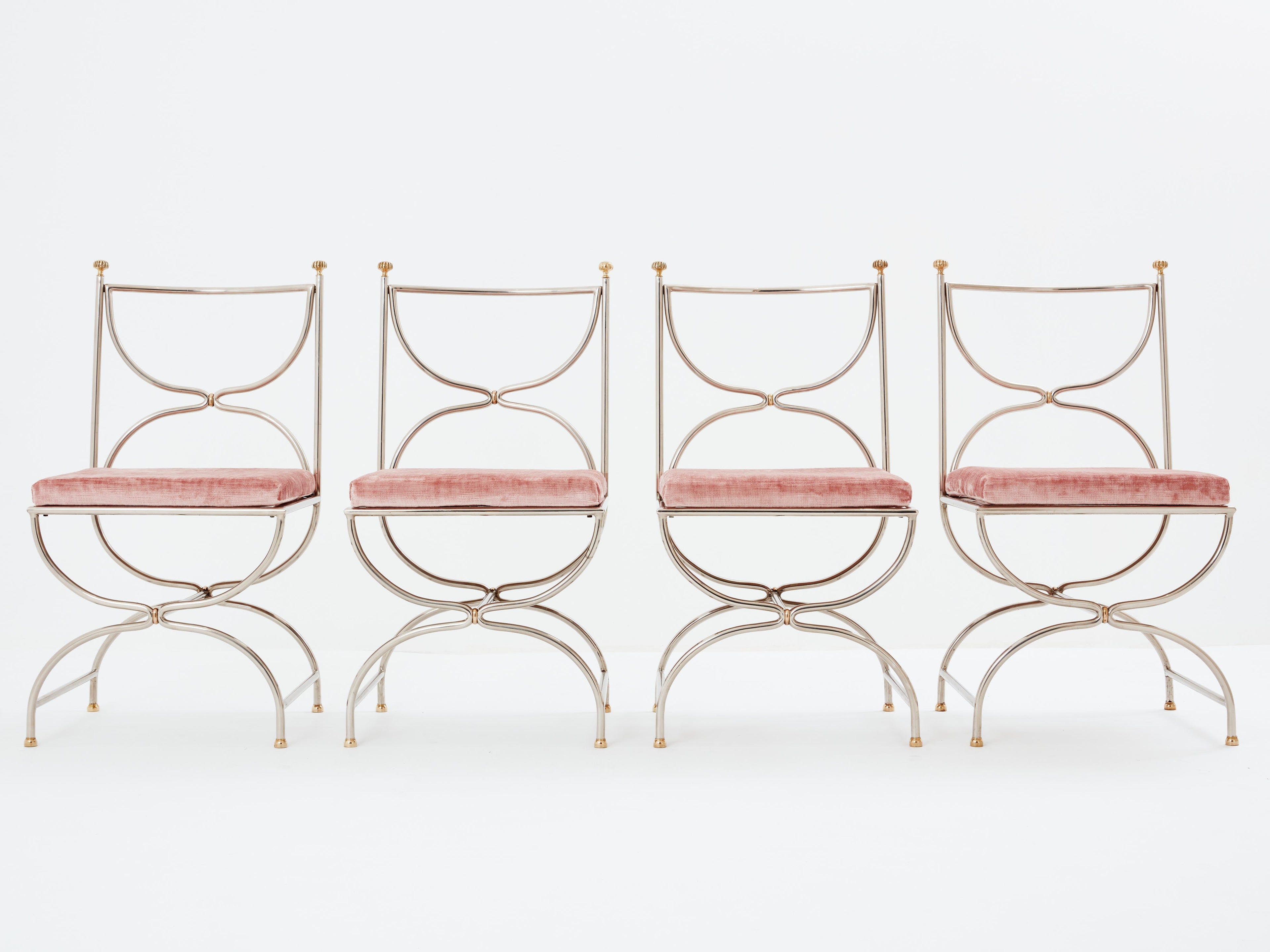 Maison Jansen 12 curule chairs steel brass pink velvet 1960s