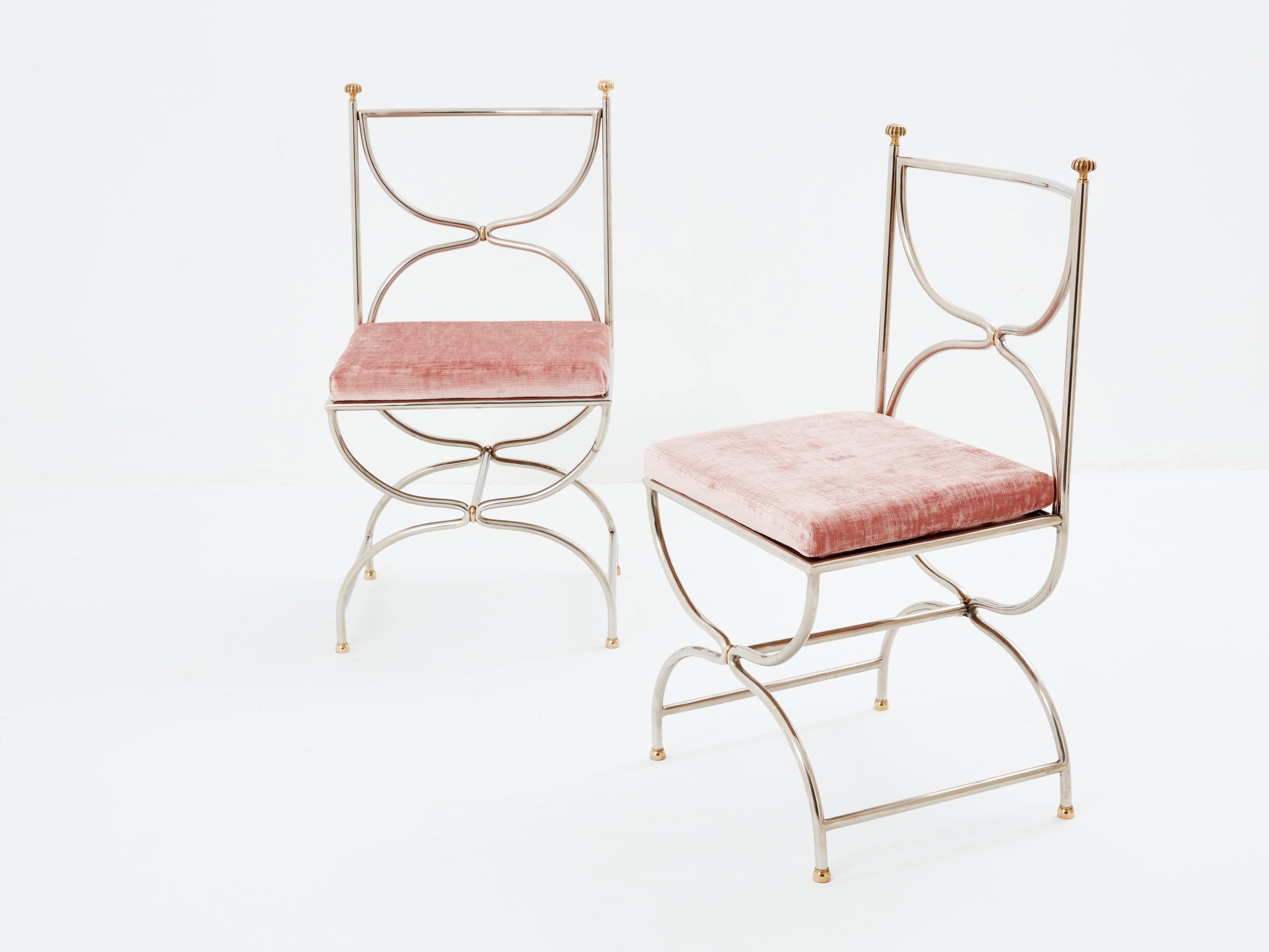 Maison Jansen 12 curule chairs steel brass pink velvet 1960s