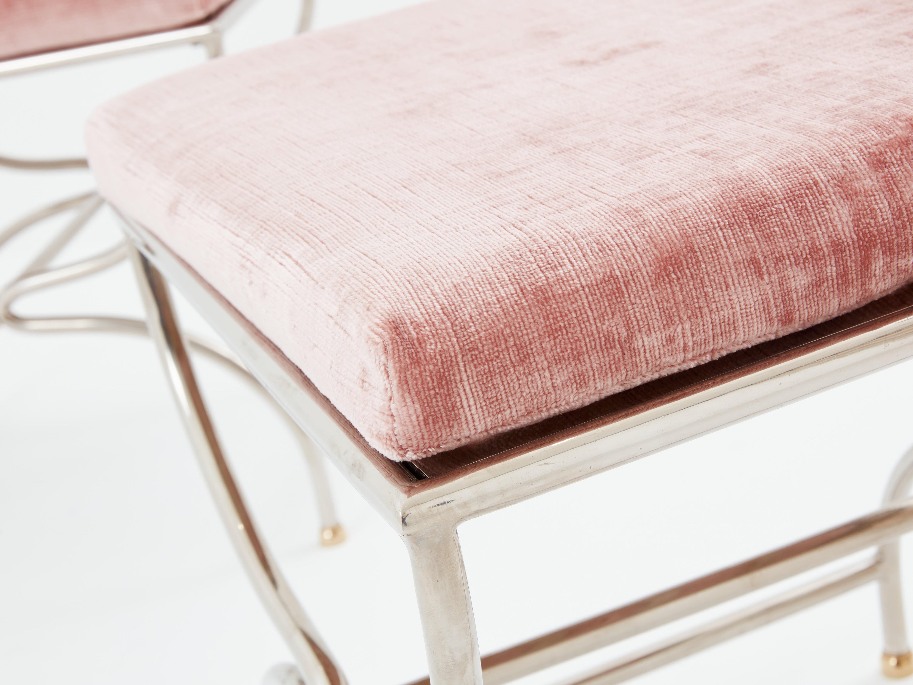 Maison Jansen 12 curule chairs steel brass pink velvet 1960s