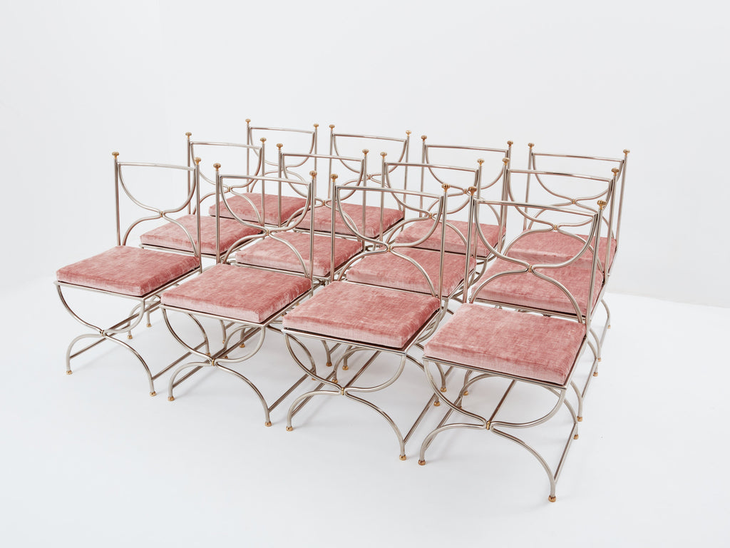 Maison Jansen 12 curule chairs steel brass pink velvet 1960s