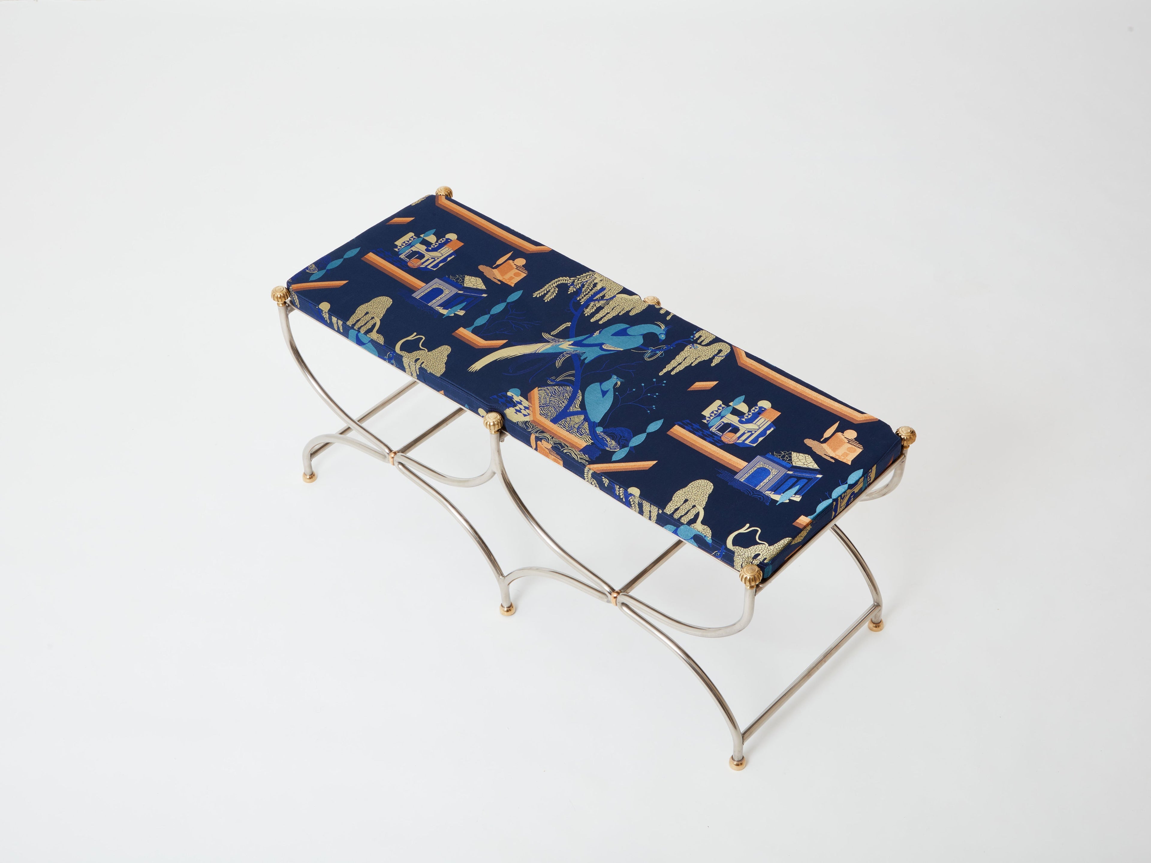 Neoclassical steel brass curule bench by Maison Jansen 1960s