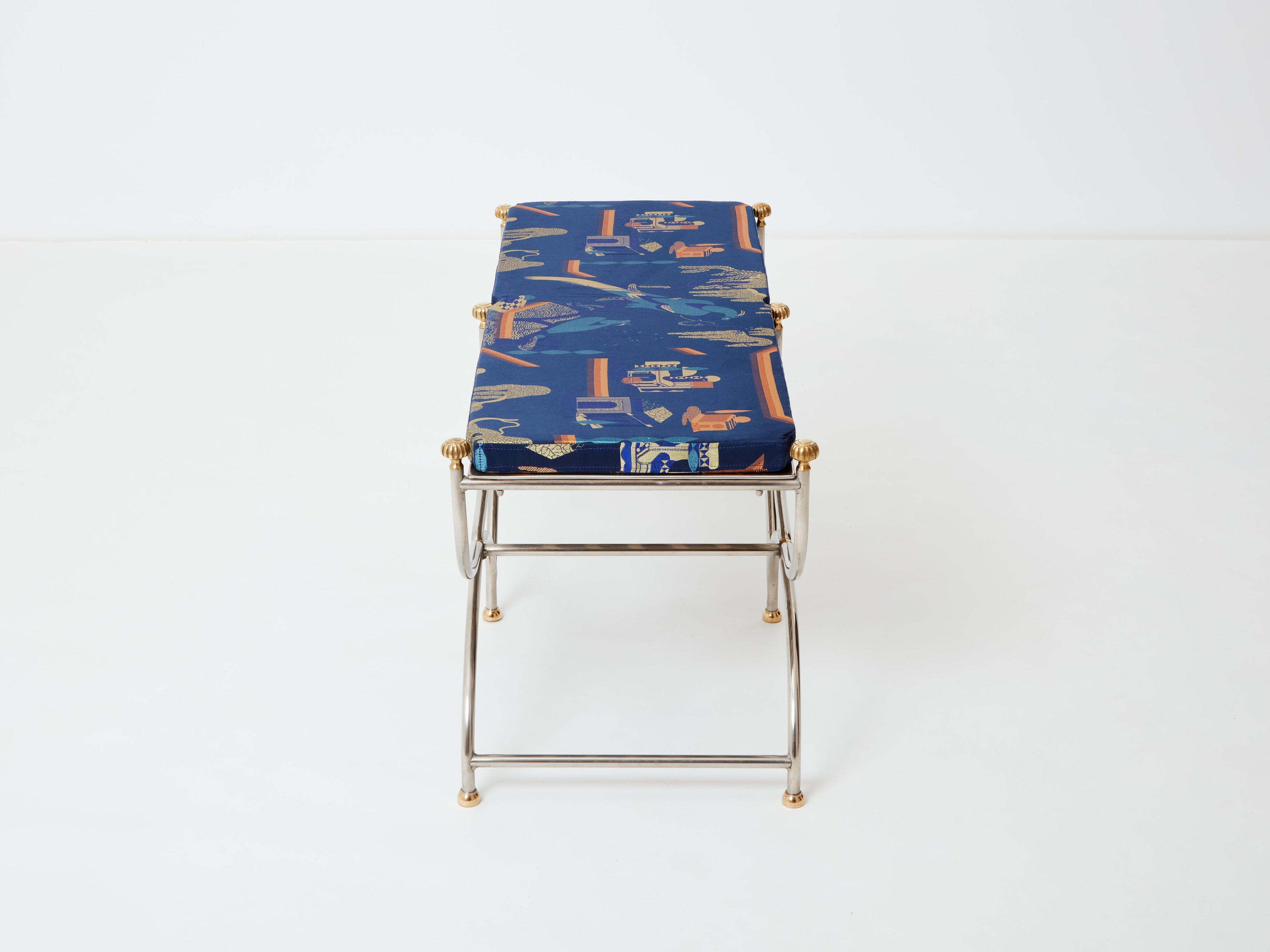 Neoclassical steel brass curule bench by Maison Jansen 1960s