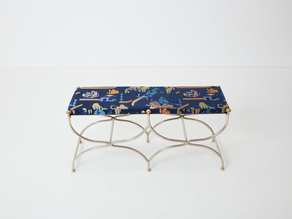 Neoclassical steel brass curule bench by Maison Jansen 1960s