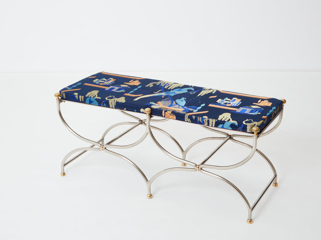 Neoclassical steel brass curule bench by Maison Jansen 1960s
