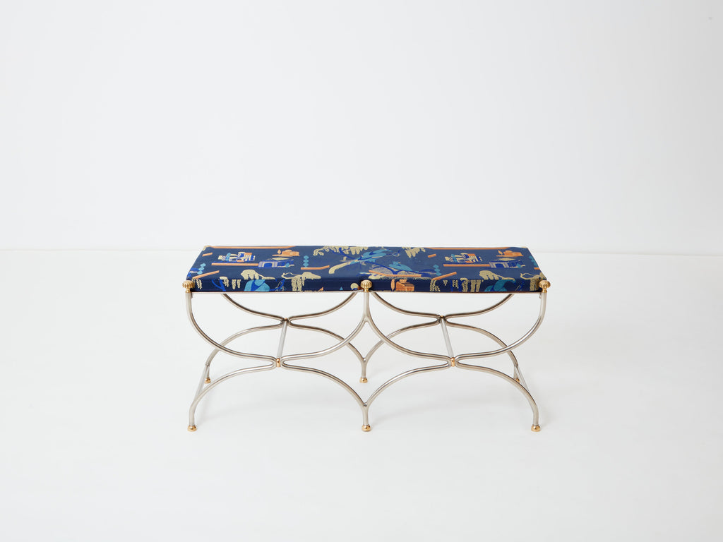 Neoclassical steel brass curule bench by Maison Jansen 1960s