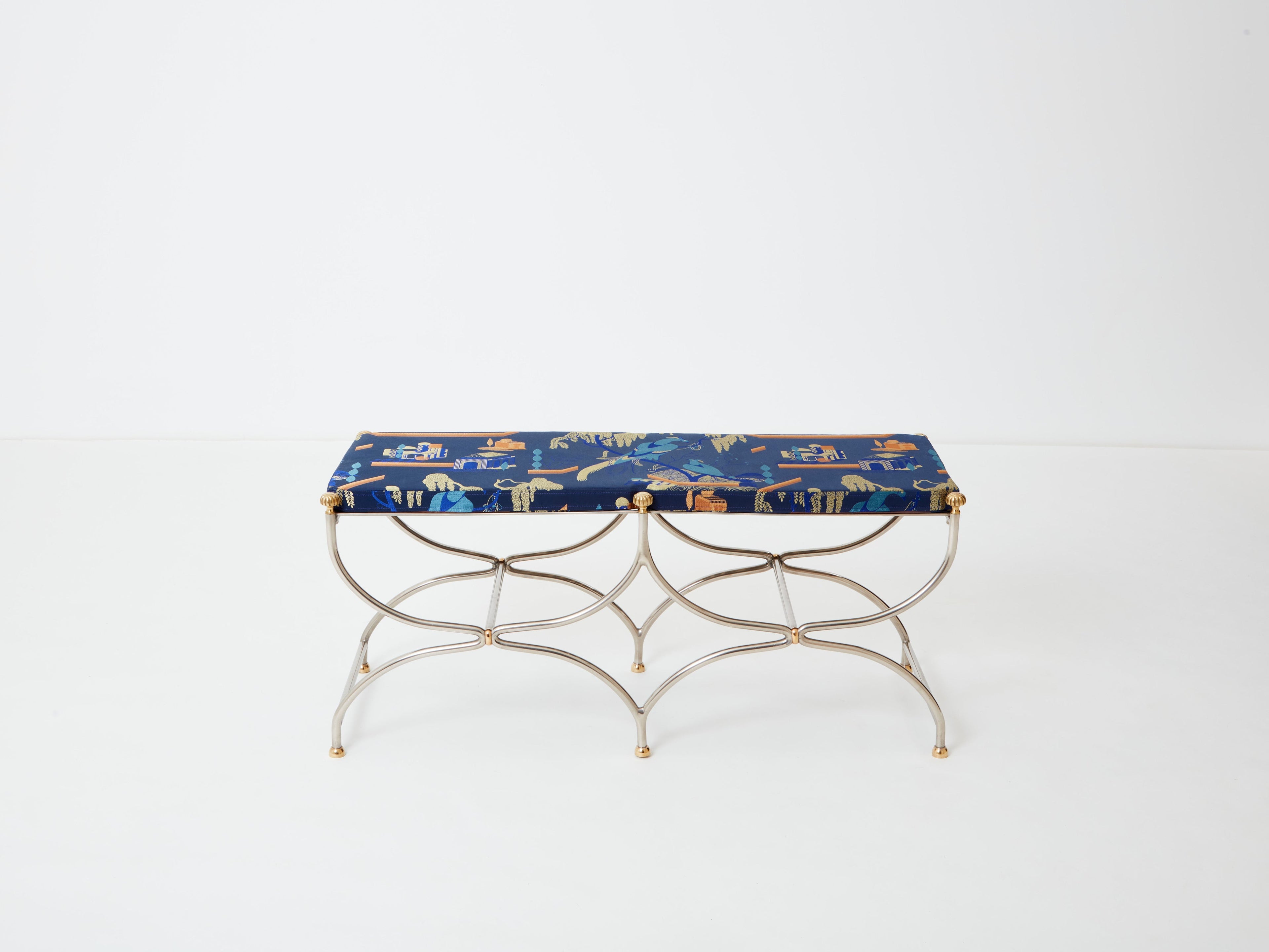 Neoclassical steel brass curule bench by Maison Jansen 1960s