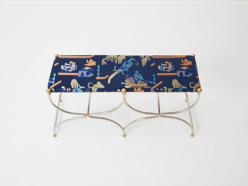 Neoclassical steel brass curule bench by Maison Jansen 1960s