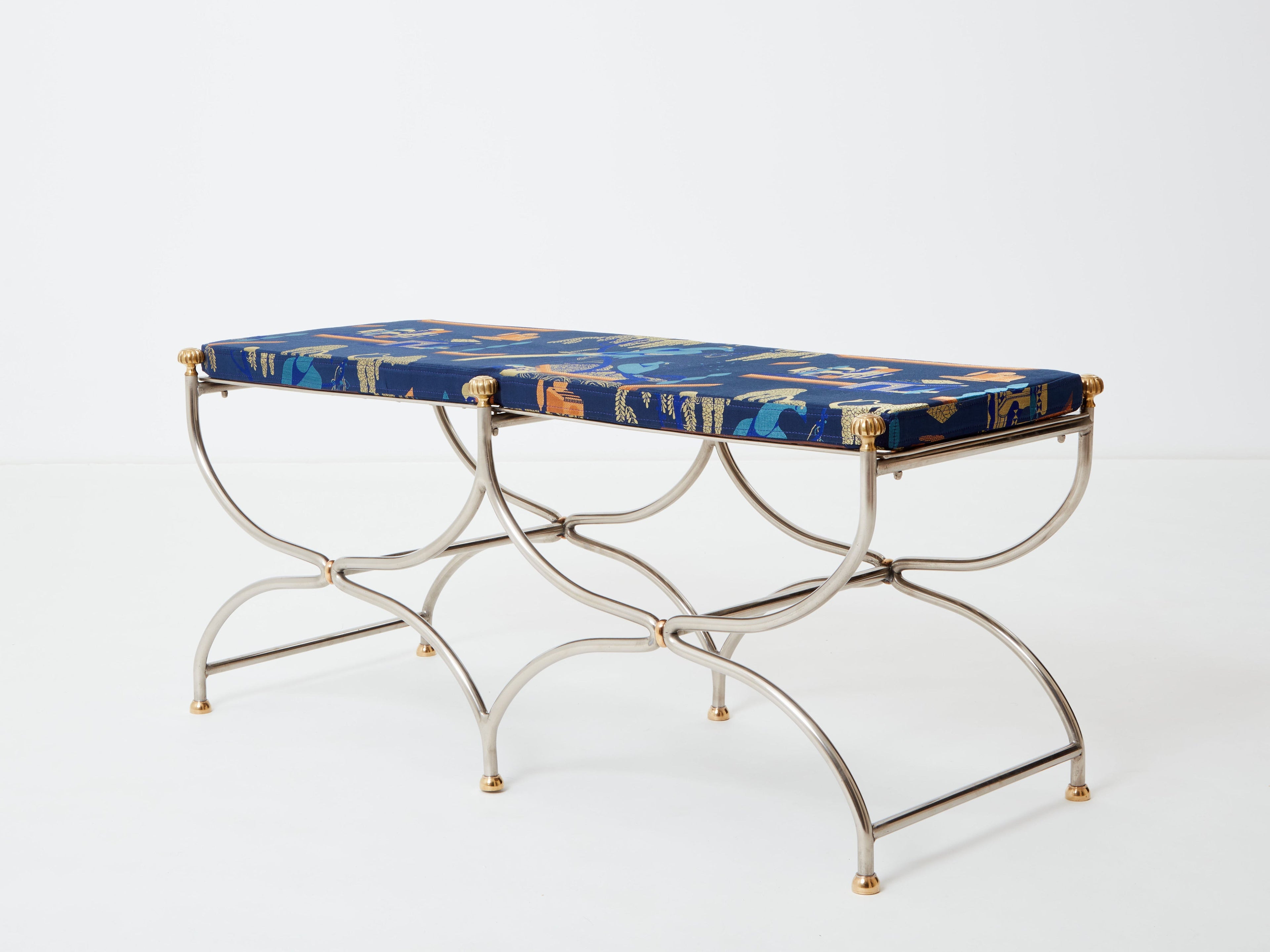 Neoclassical steel brass curule bench by Maison Jansen 1960s