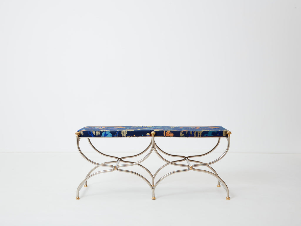 Neoclassical steel brass curule bench by Maison Jansen 1960s