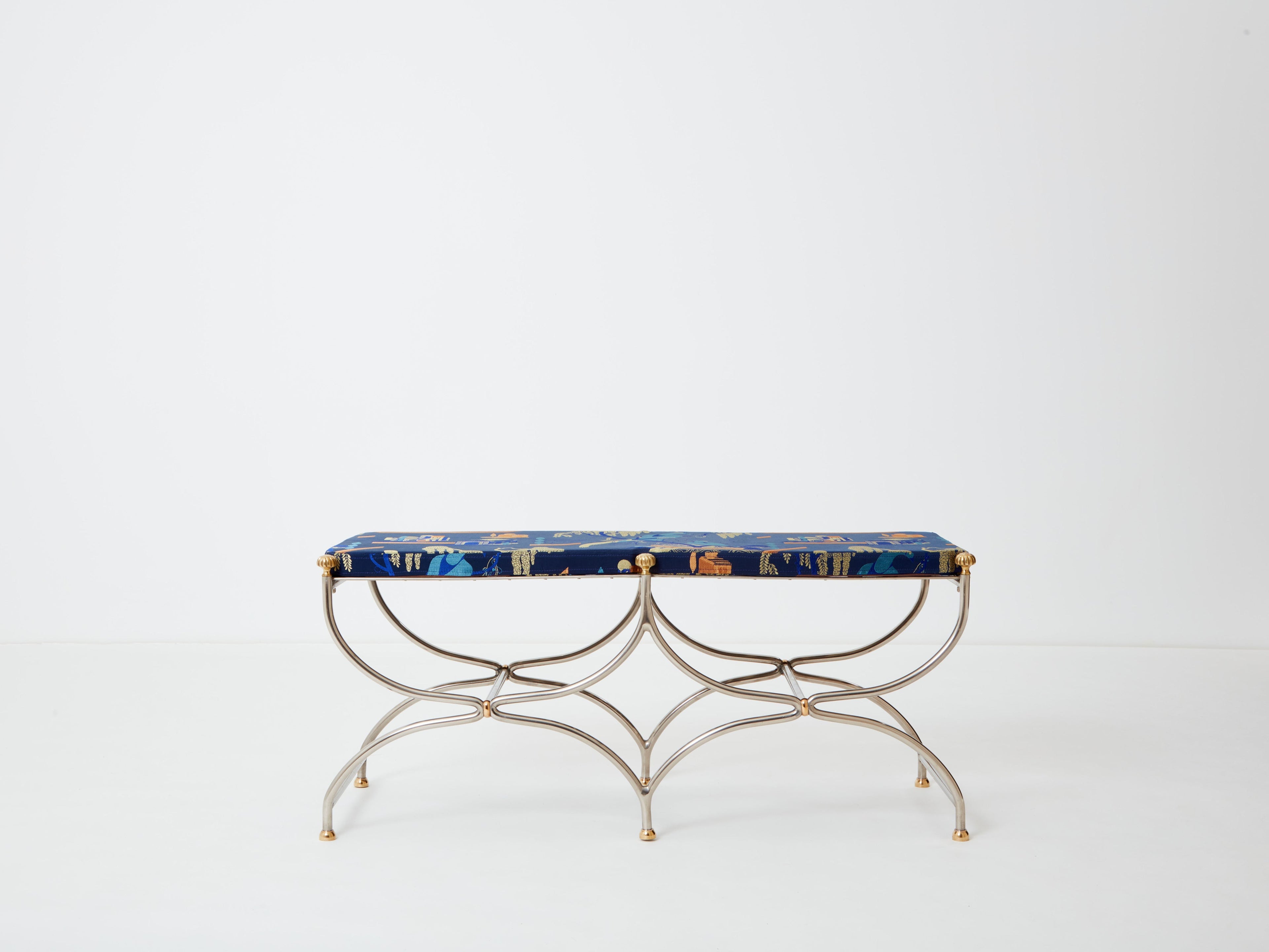 Neoclassical steel brass curule bench by Maison Jansen 1960s