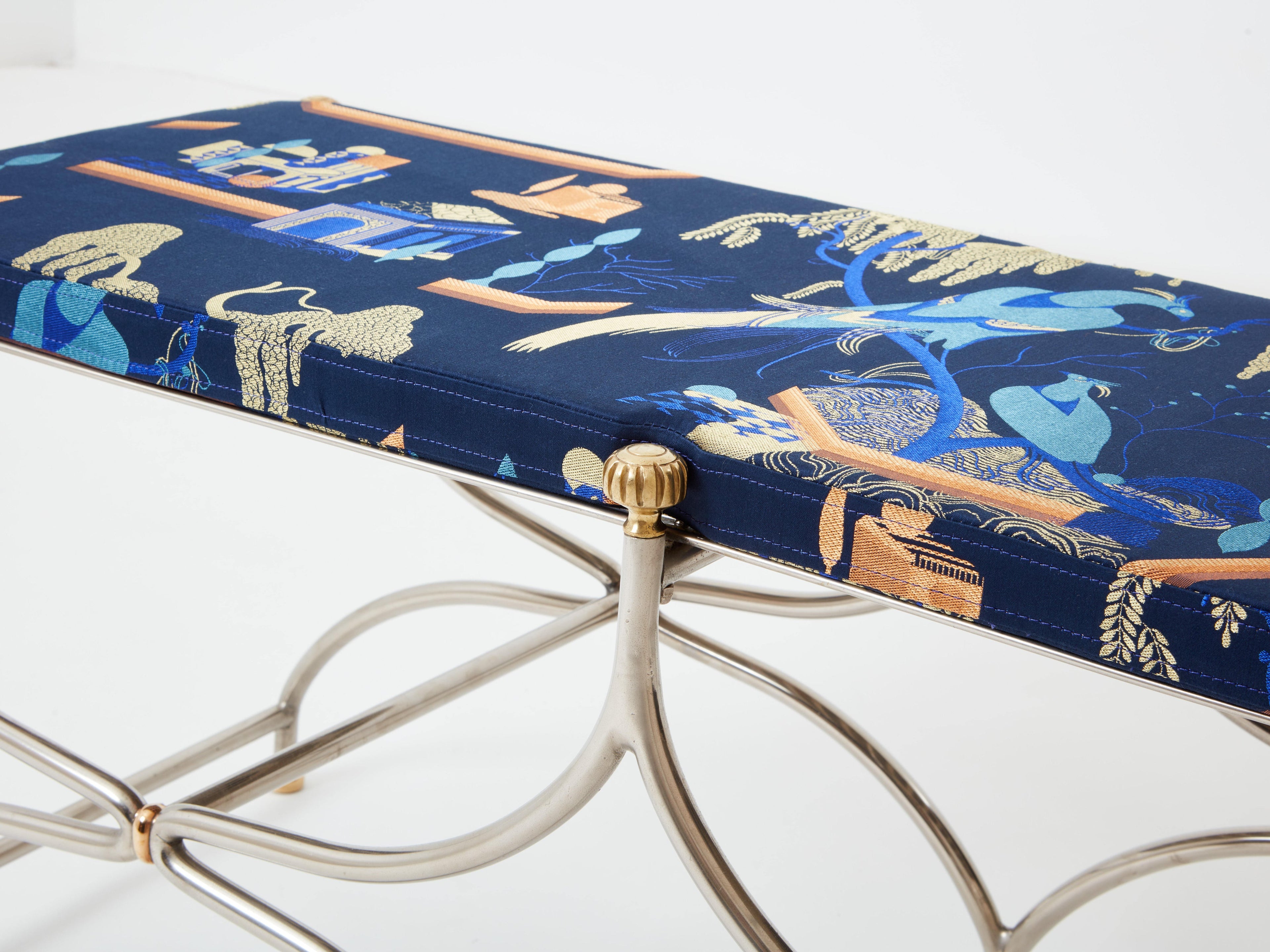 Neoclassical steel brass curule bench by Maison Jansen 1960s