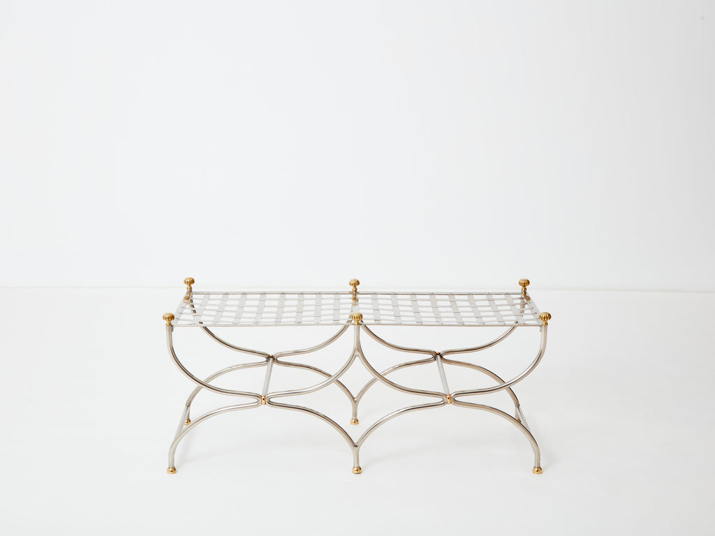 Neoclassical steel brass curule bench by Maison Jansen 1960s