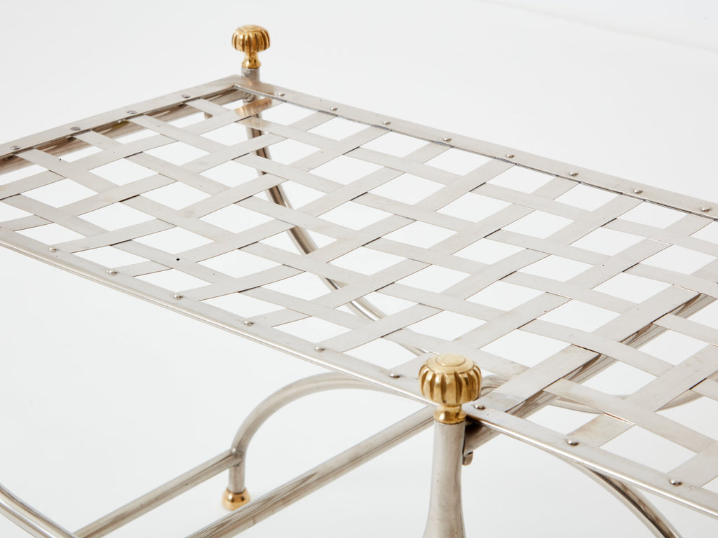 Neoclassical steel brass curule bench by Maison Jansen 1960s