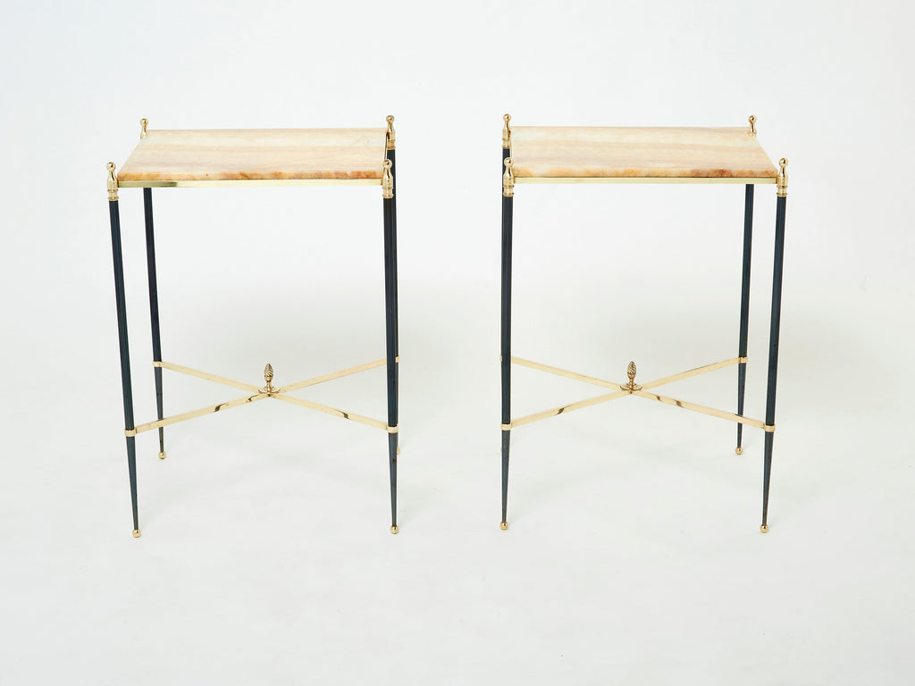 Pair of French Maison Jansen brass gunmetal onyx end tables 1960s