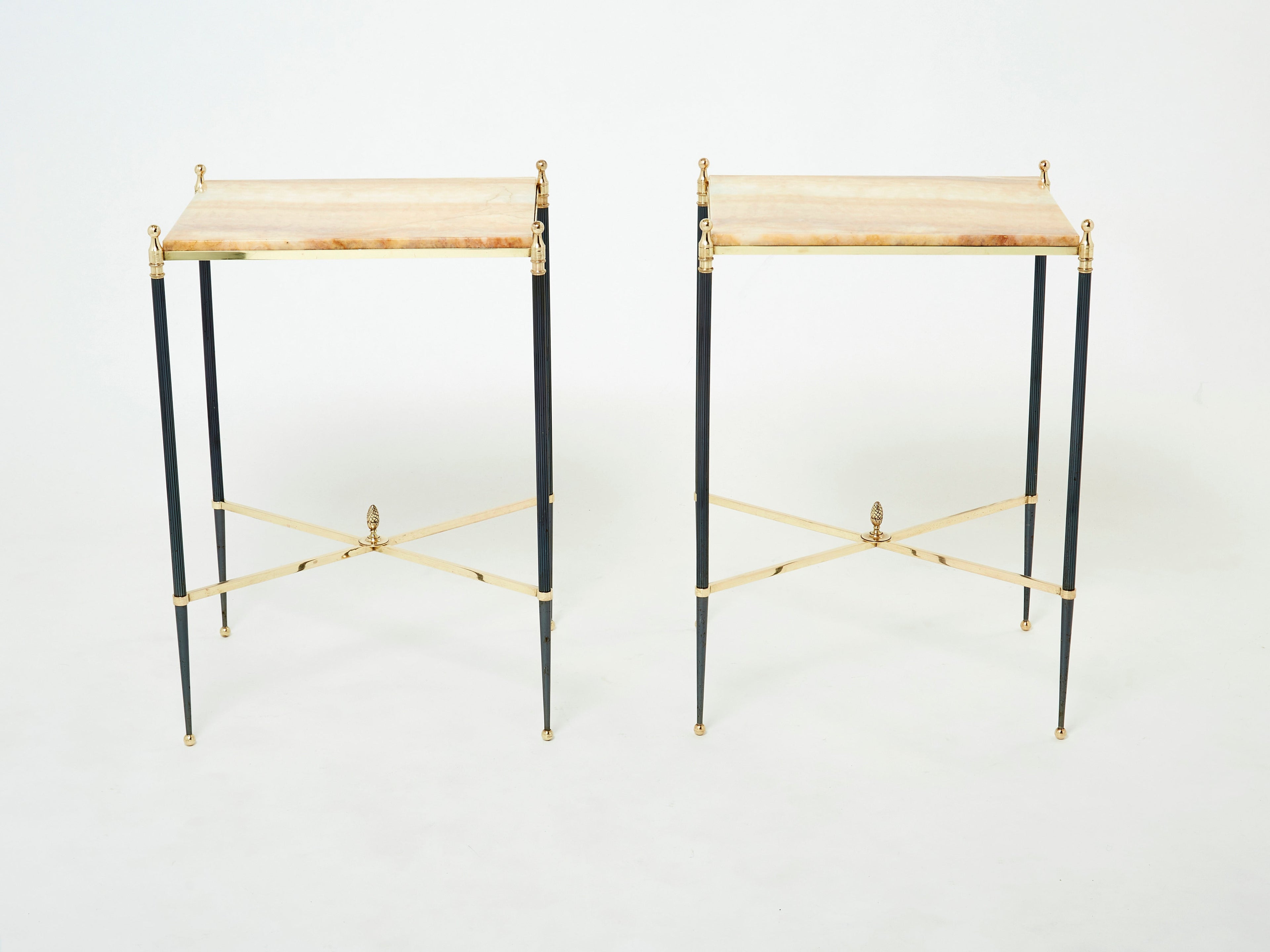 Pair of French Maison Jansen brass gunmetal onyx end tables 1960s