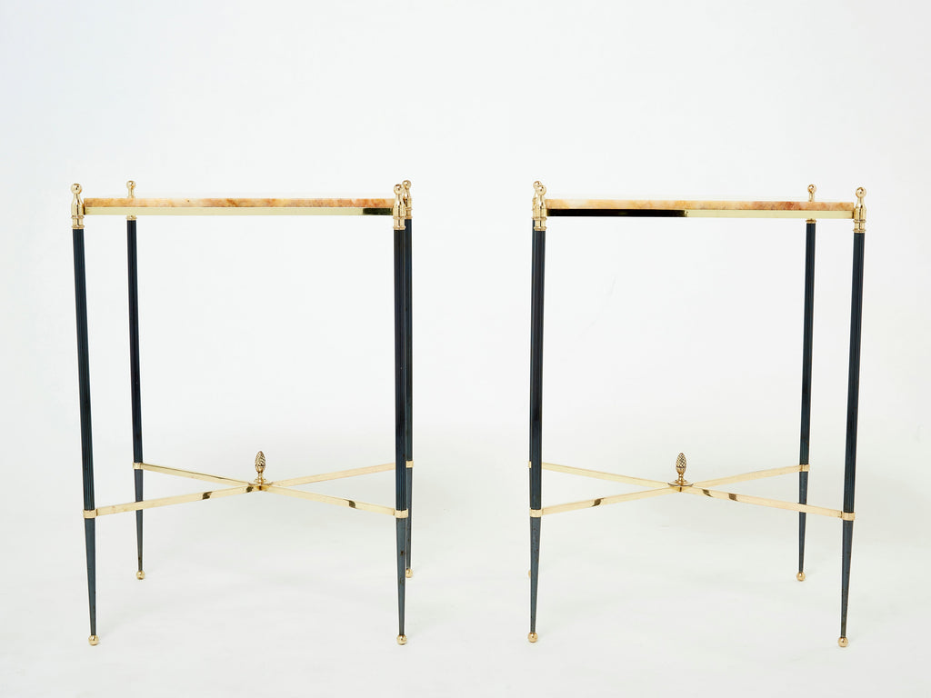 Pair of French Maison Jansen brass gunmetal onyx end tables 1960s
