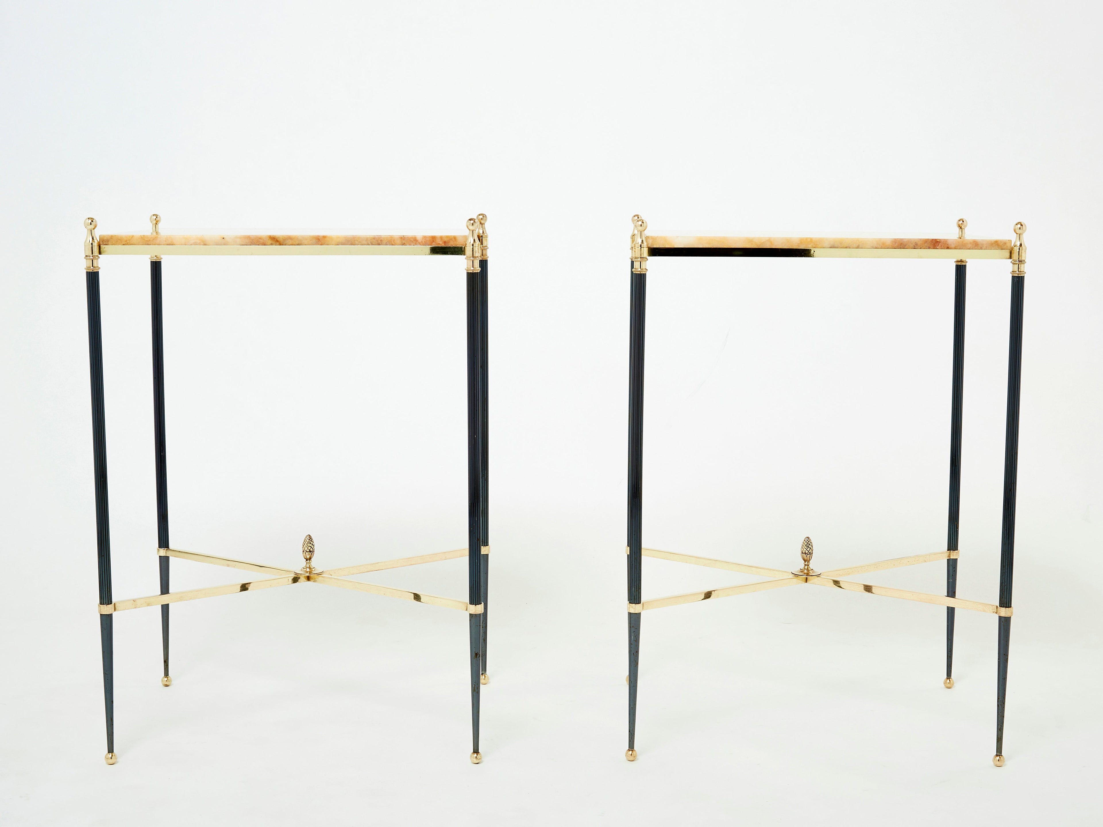 Pair of French Maison Jansen brass gunmetal onyx end tables 1960s