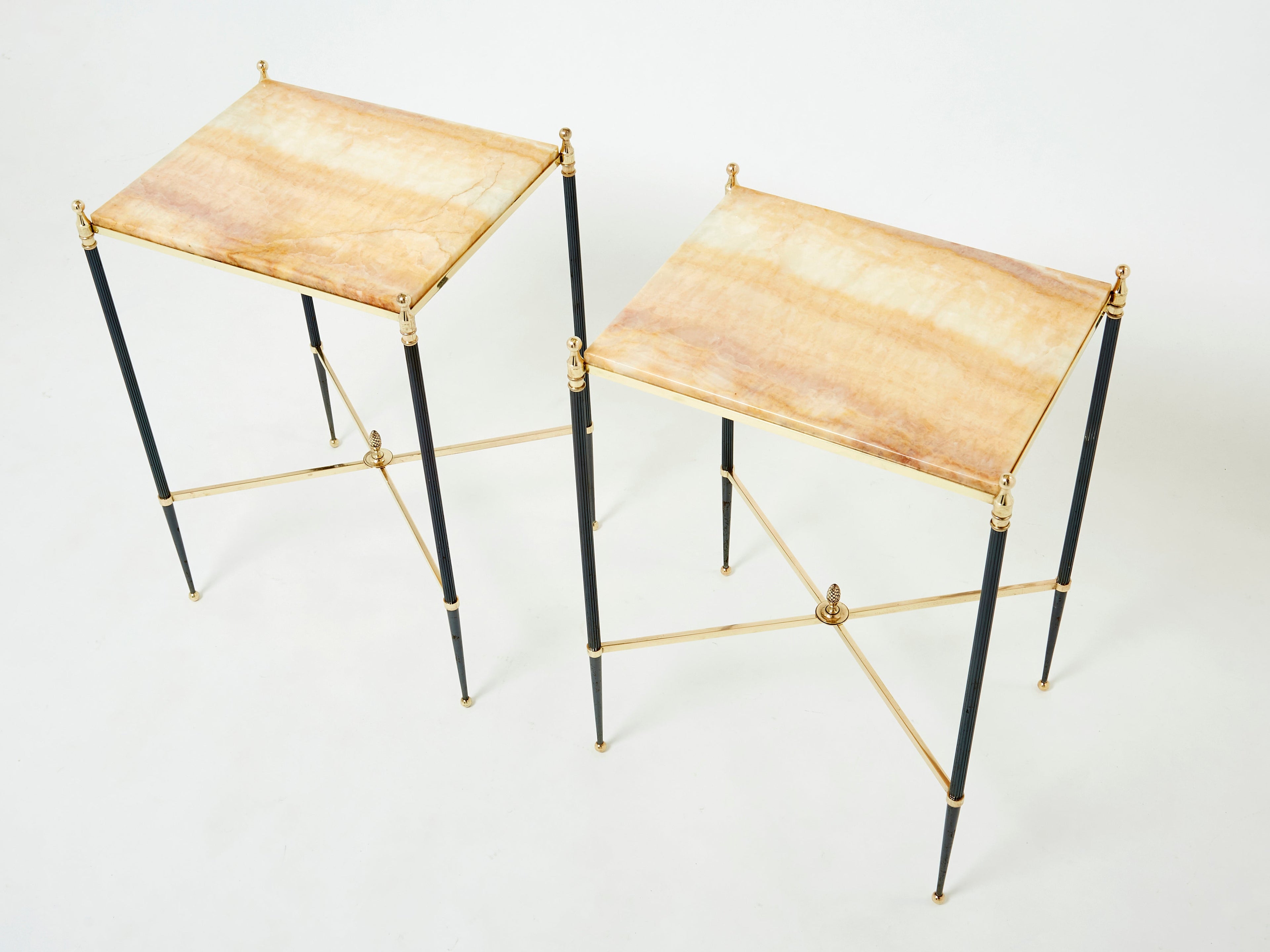 Pair of French Maison Jansen brass gunmetal onyx end tables 1960s