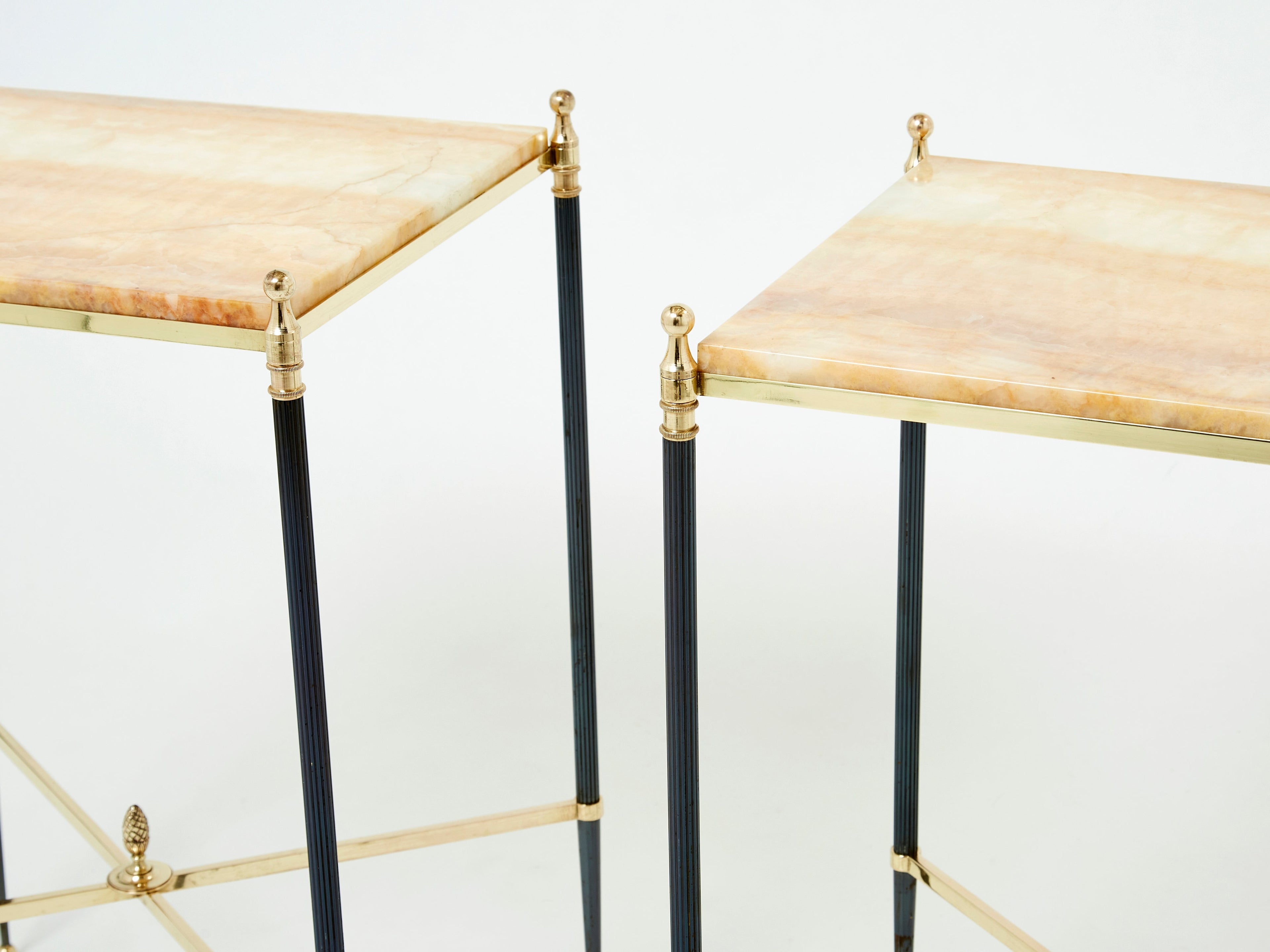 Pair of French Maison Jansen brass gunmetal onyx end tables 1960s