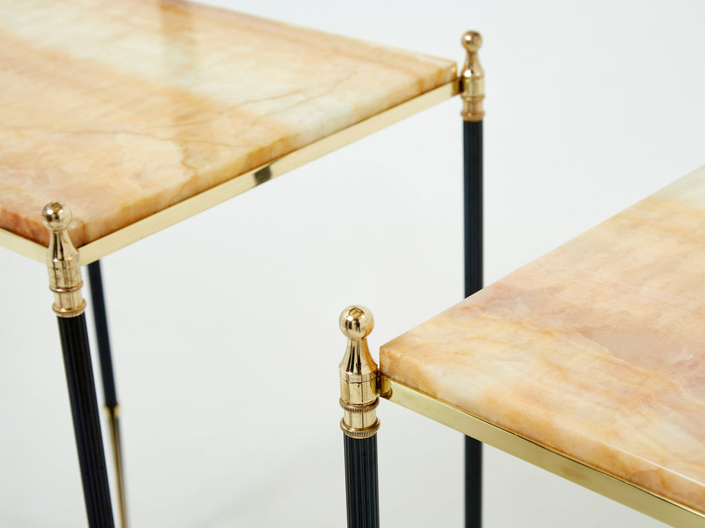 Pair of French Maison Jansen brass gunmetal onyx end tables 1960s