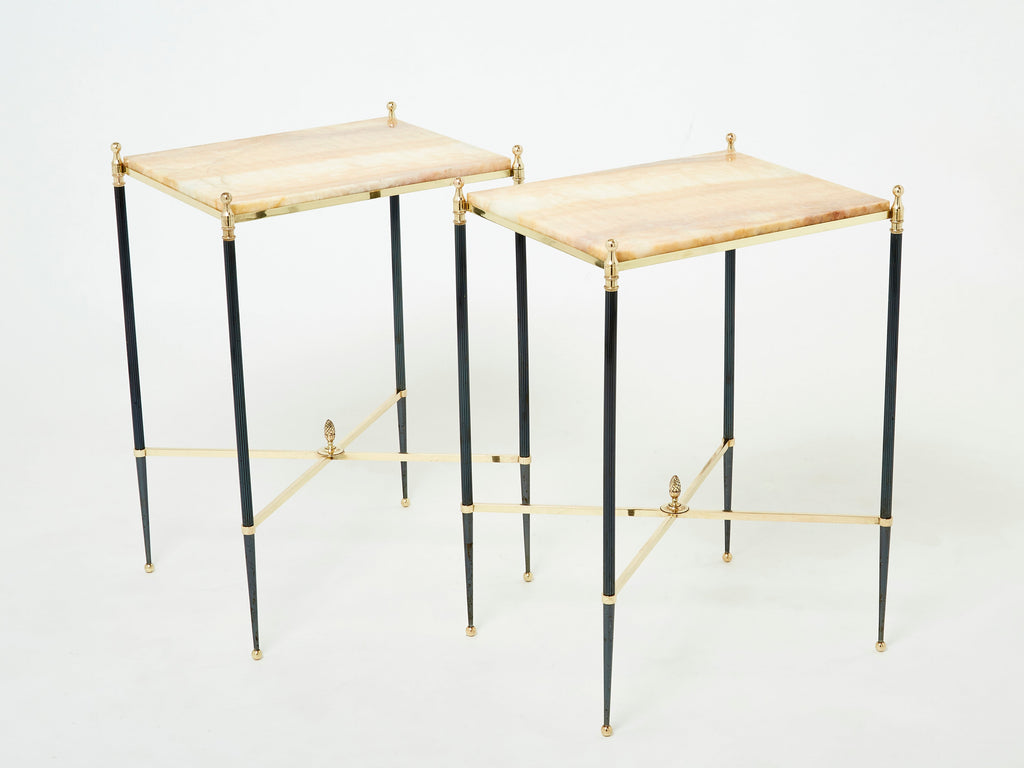 Pair of French Maison Jansen brass gunmetal onyx end tables 1960s