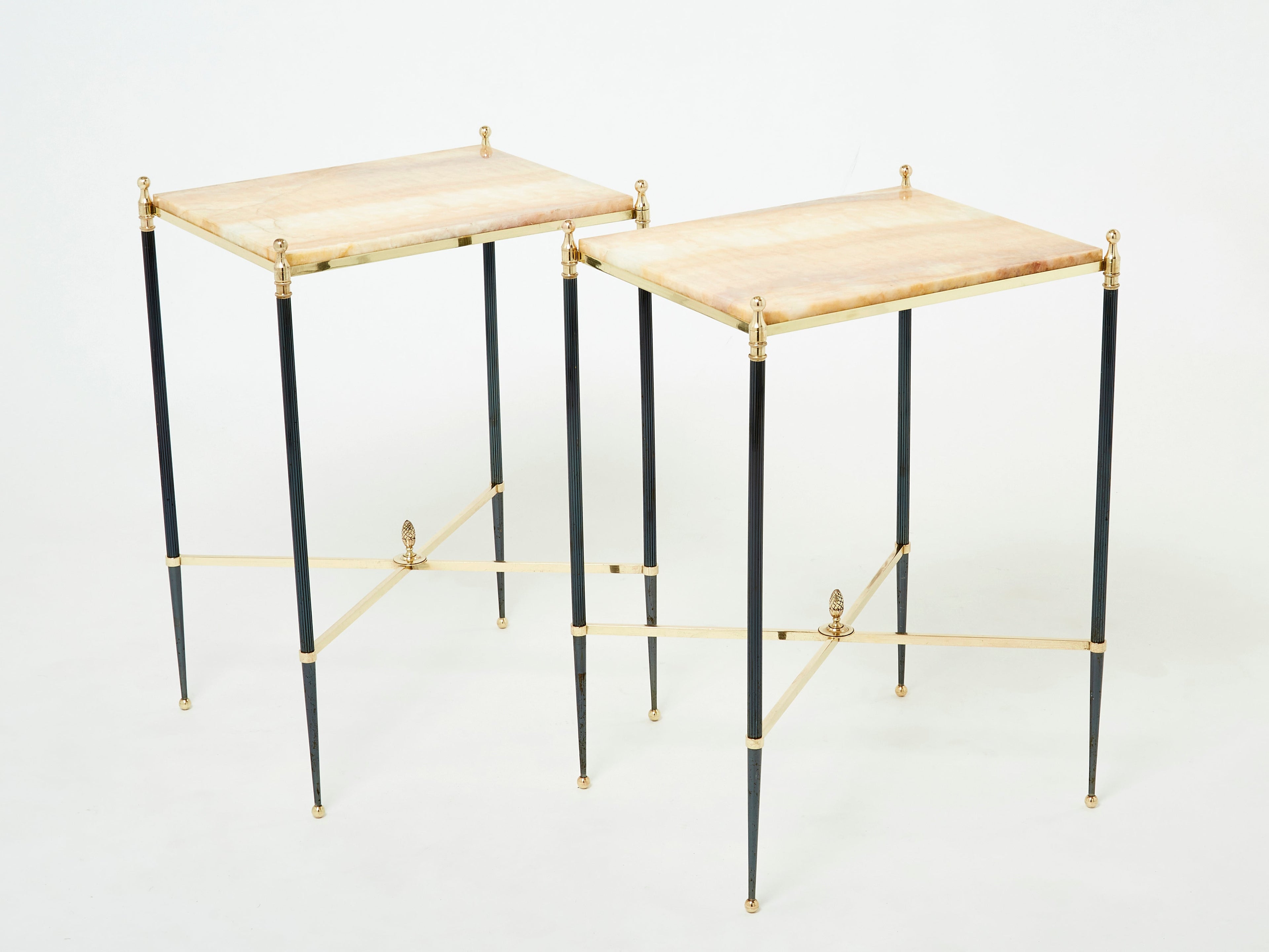 Pair of French Maison Jansen brass gunmetal onyx end tables 1960s