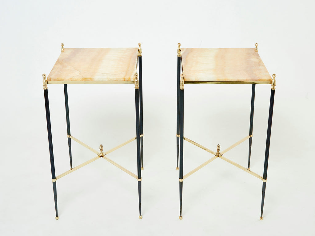 Pair of French Maison Jansen brass gunmetal onyx end tables 1960s