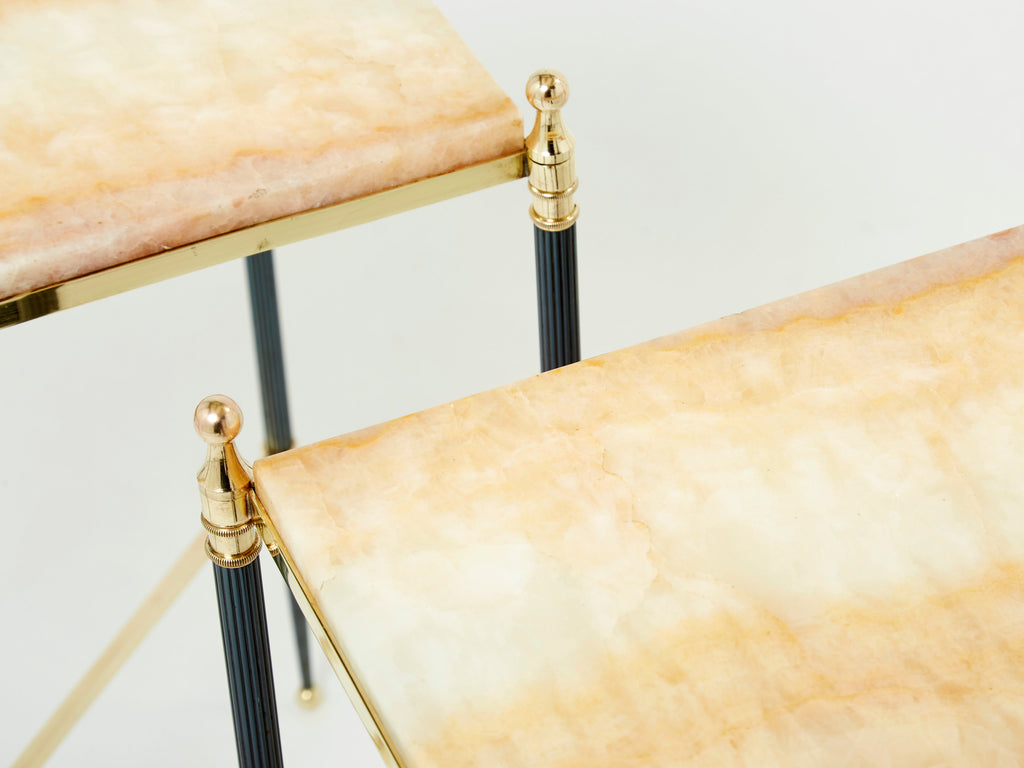 Pair of French Maison Jansen brass gunmetal onyx end tables 1960s