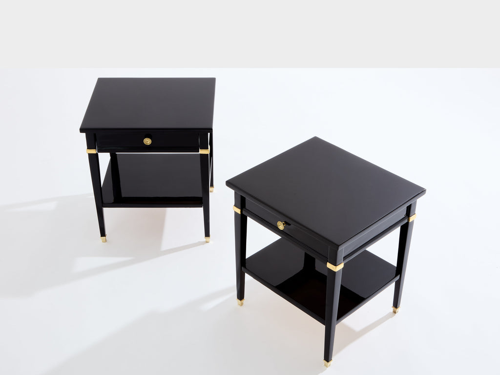 Pair of Maison Jansen black lacquer and brass nightstands 1960s
