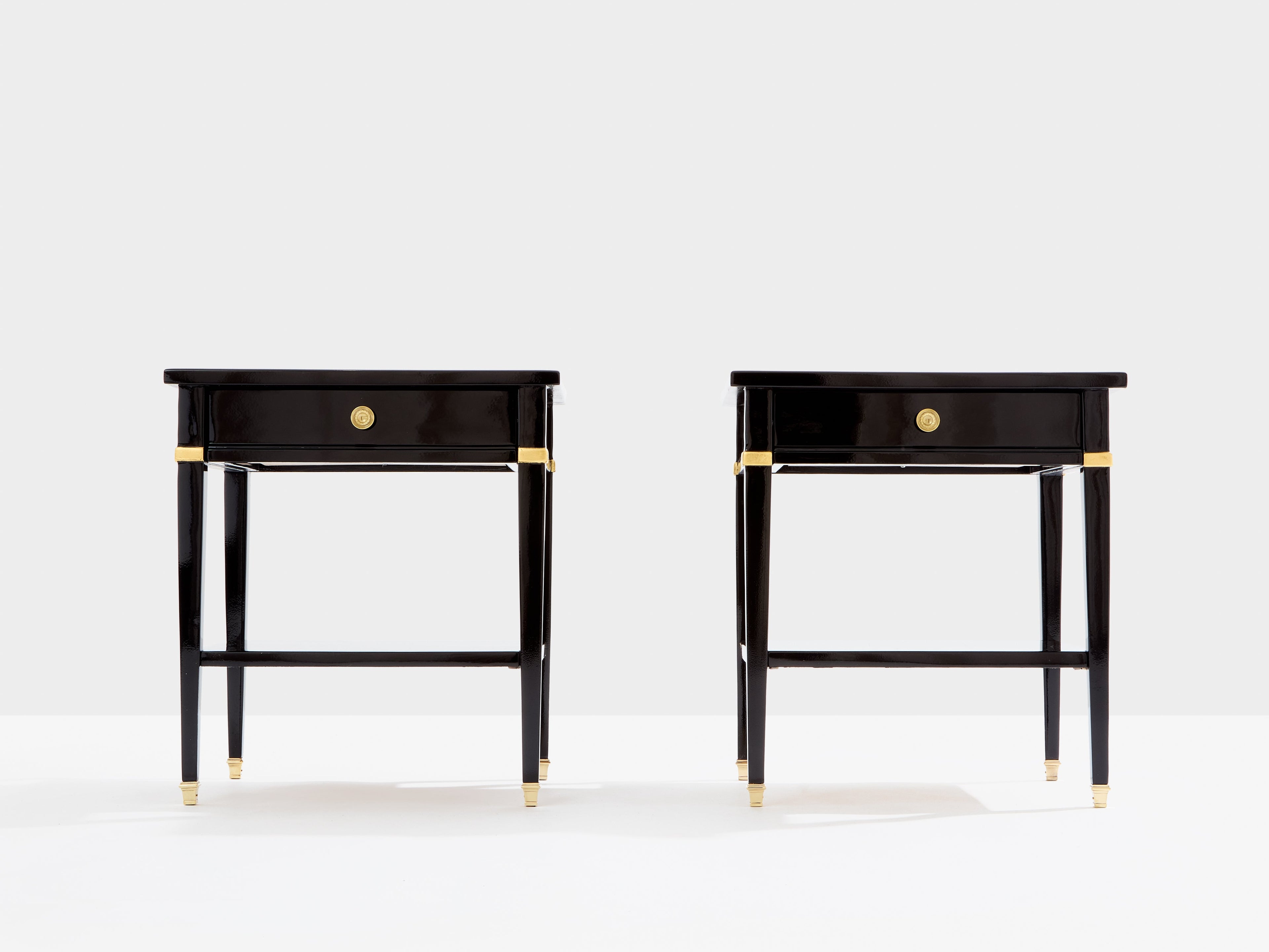 Pair of Maison Jansen black lacquer and brass nightstands 1960s