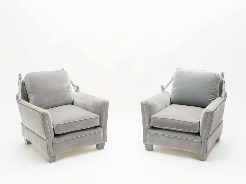 Pair of Neoclassical grey velvet Maison Jansen armchairs 1970s