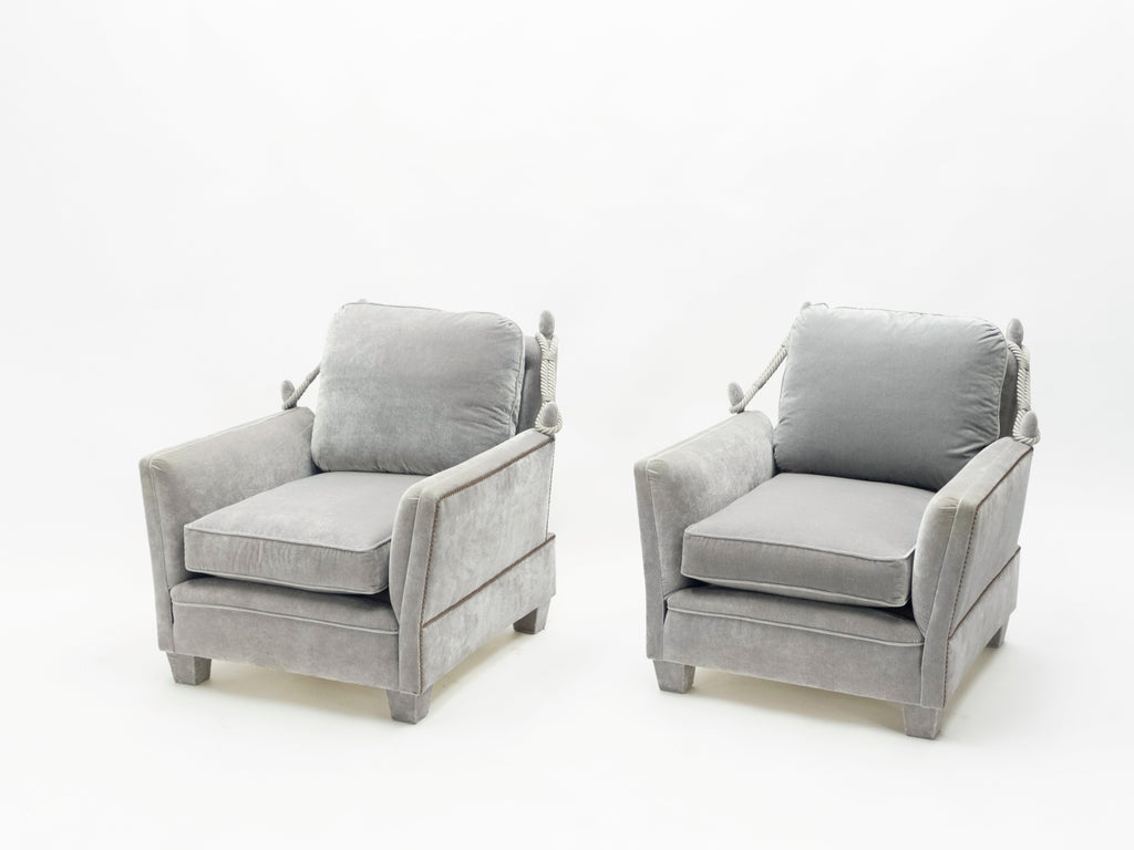 Pair of Neoclassical grey velvet Maison Jansen armchairs 1970s