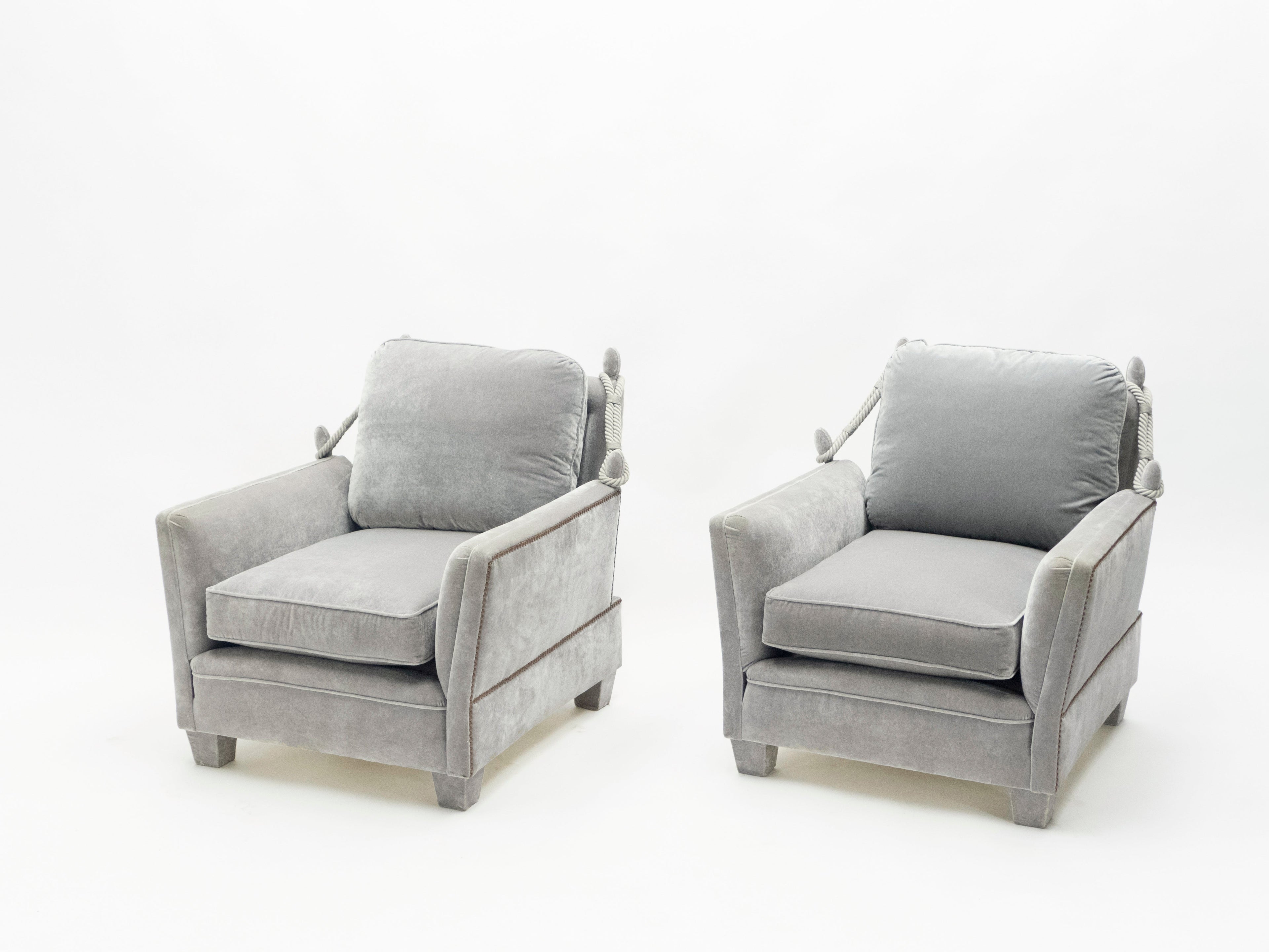 Pair of Neoclassical grey velvet Maison Jansen armchairs 1970s