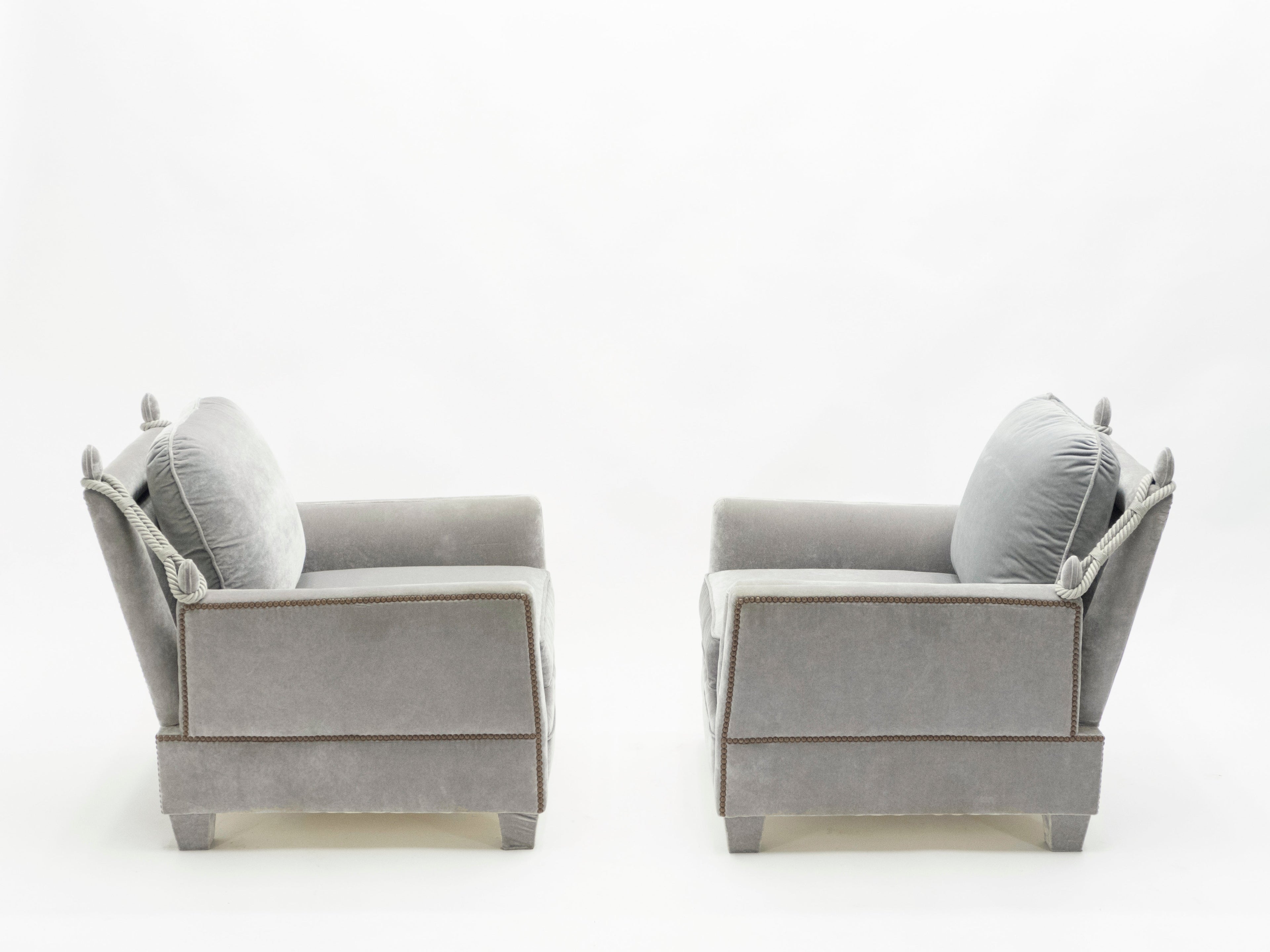 Pair of Neoclassical grey velvet Maison Jansen armchairs 1970s