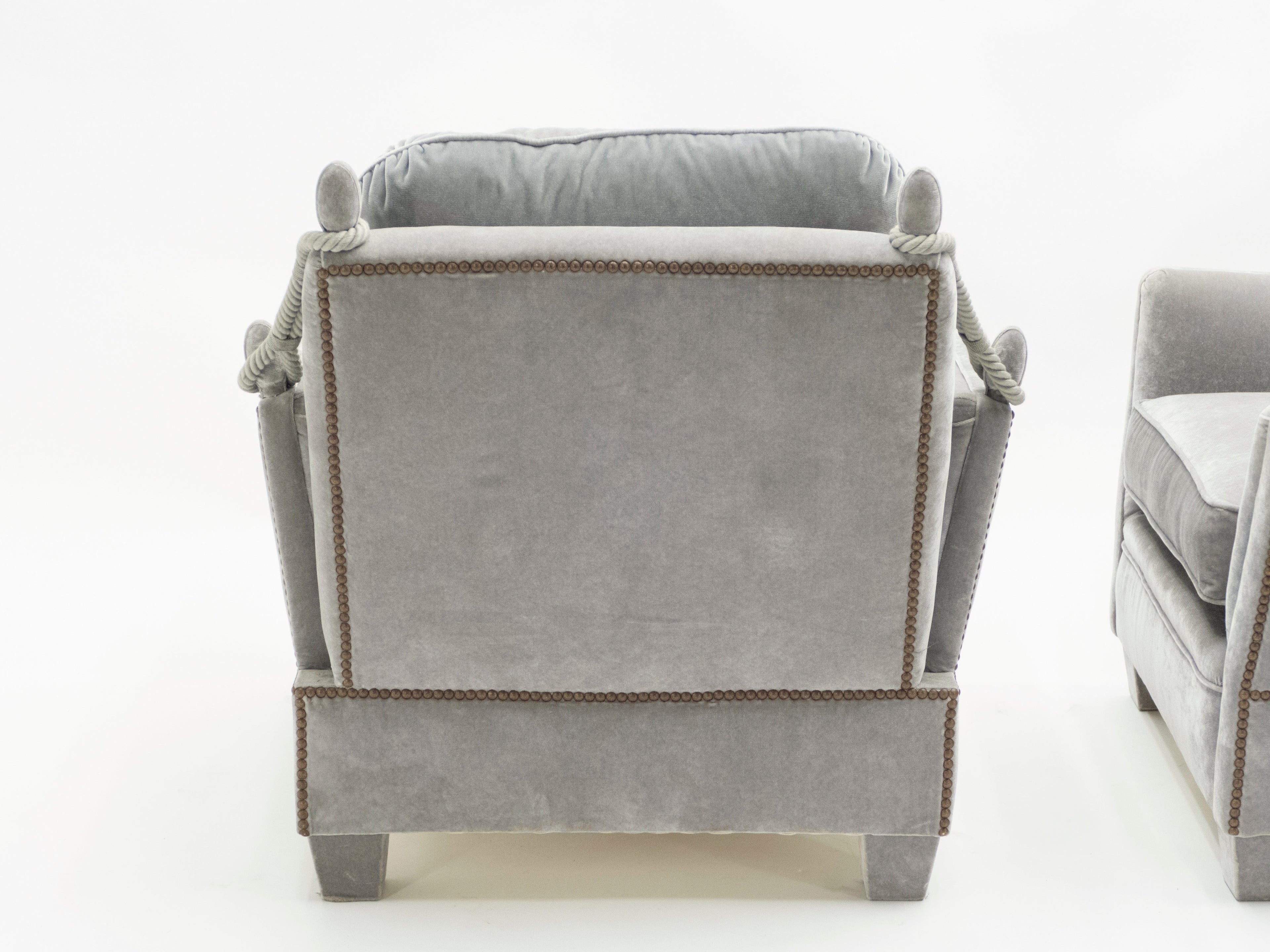 Pair of Neoclassical grey velvet Maison Jansen armchairs 1970s