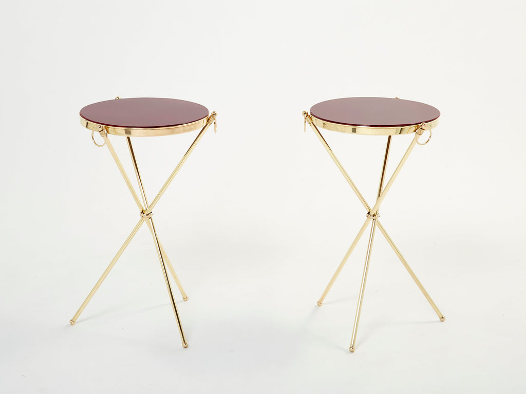 Pair of Maison Jansen brass red lacquer gueridon tables 1960s
