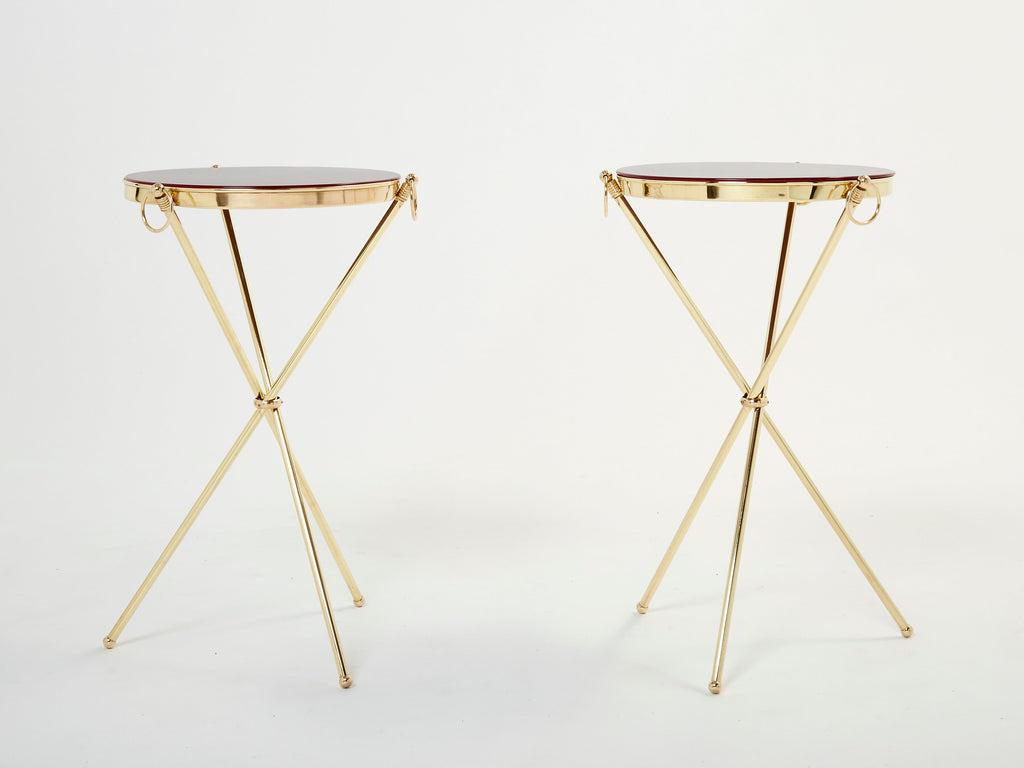 Pair of Maison Jansen brass red lacquer gueridon tables 1960s