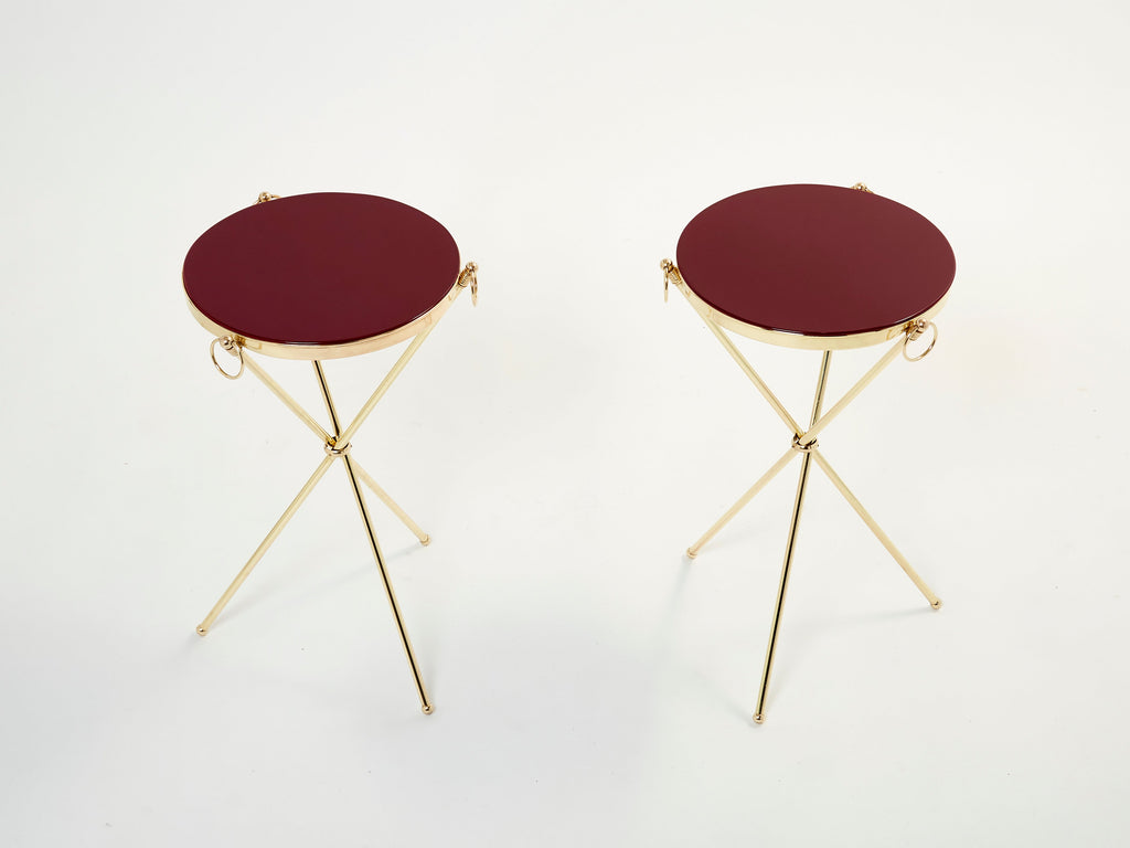 Pair of Maison Jansen brass red lacquer gueridon tables 1960s
