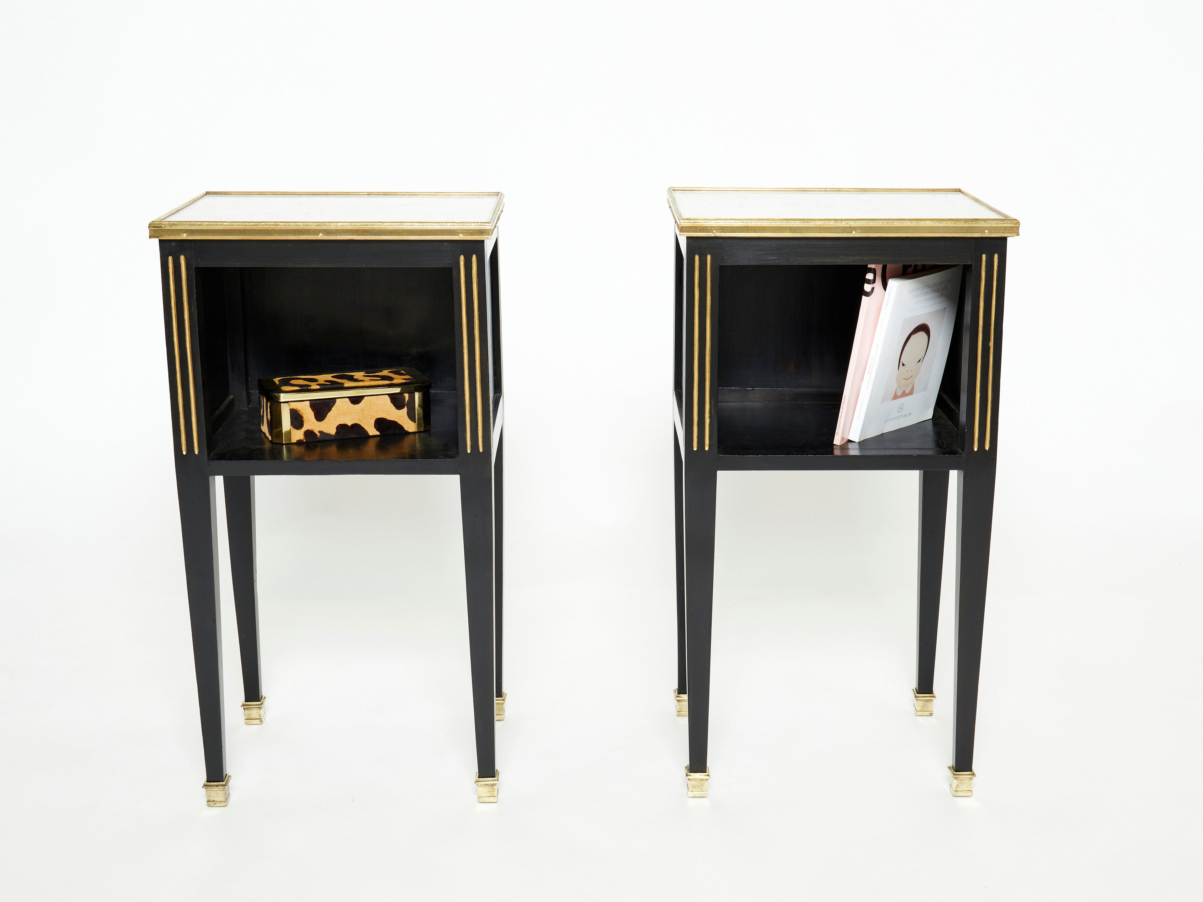 Pair of stamped Maison Jansen black brass marble nightstands 1950s