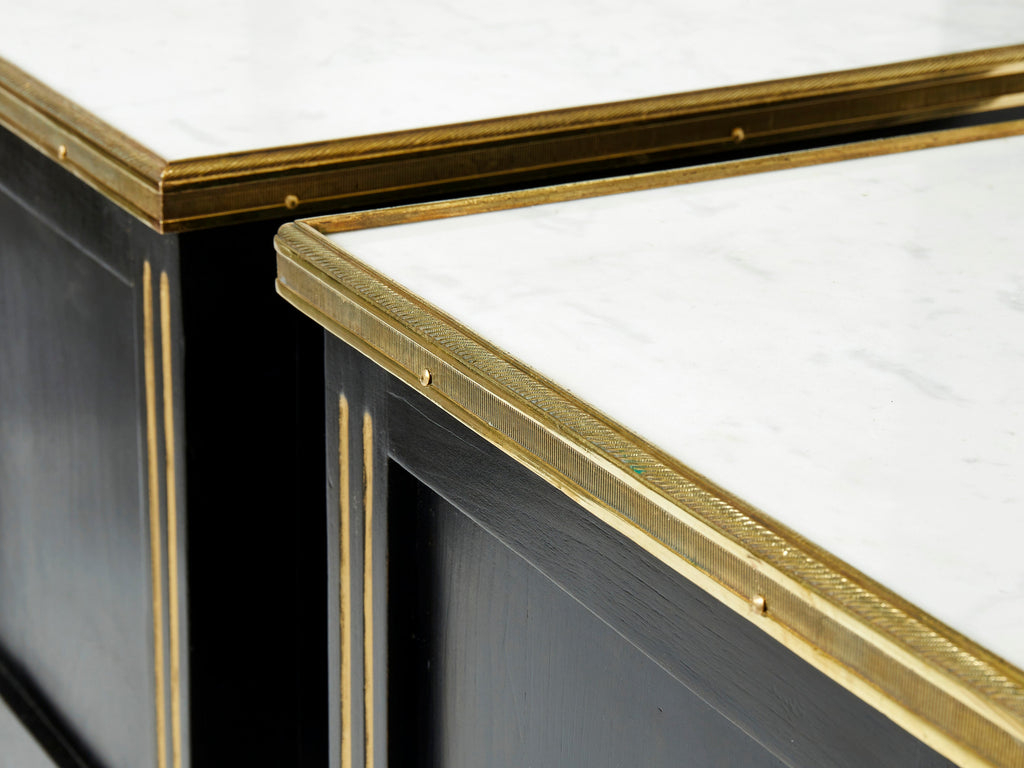 Pair of stamped Maison Jansen black brass marble nightstands 1950s