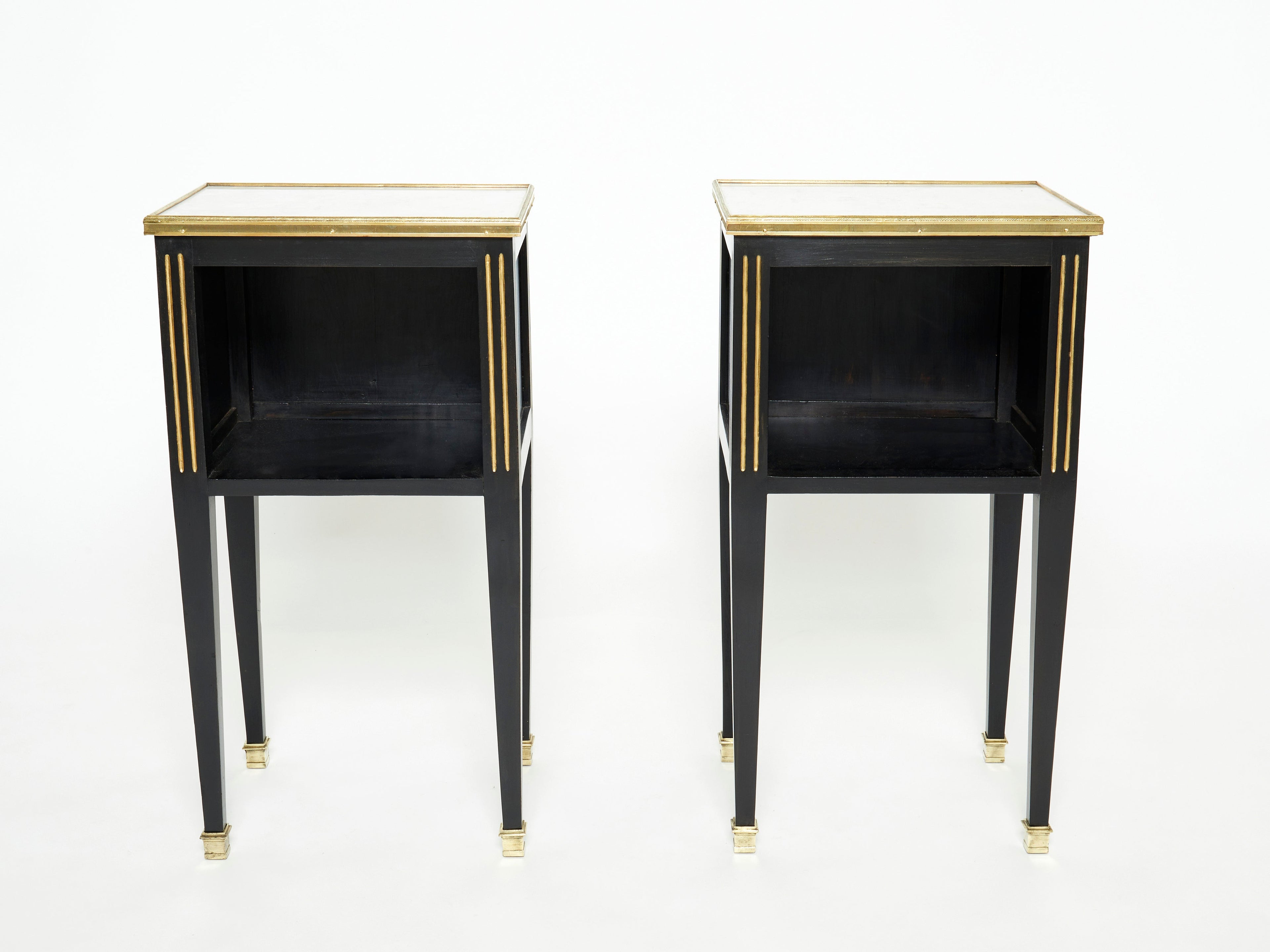 Pair of stamped Maison Jansen black brass marble nightstands 1950s