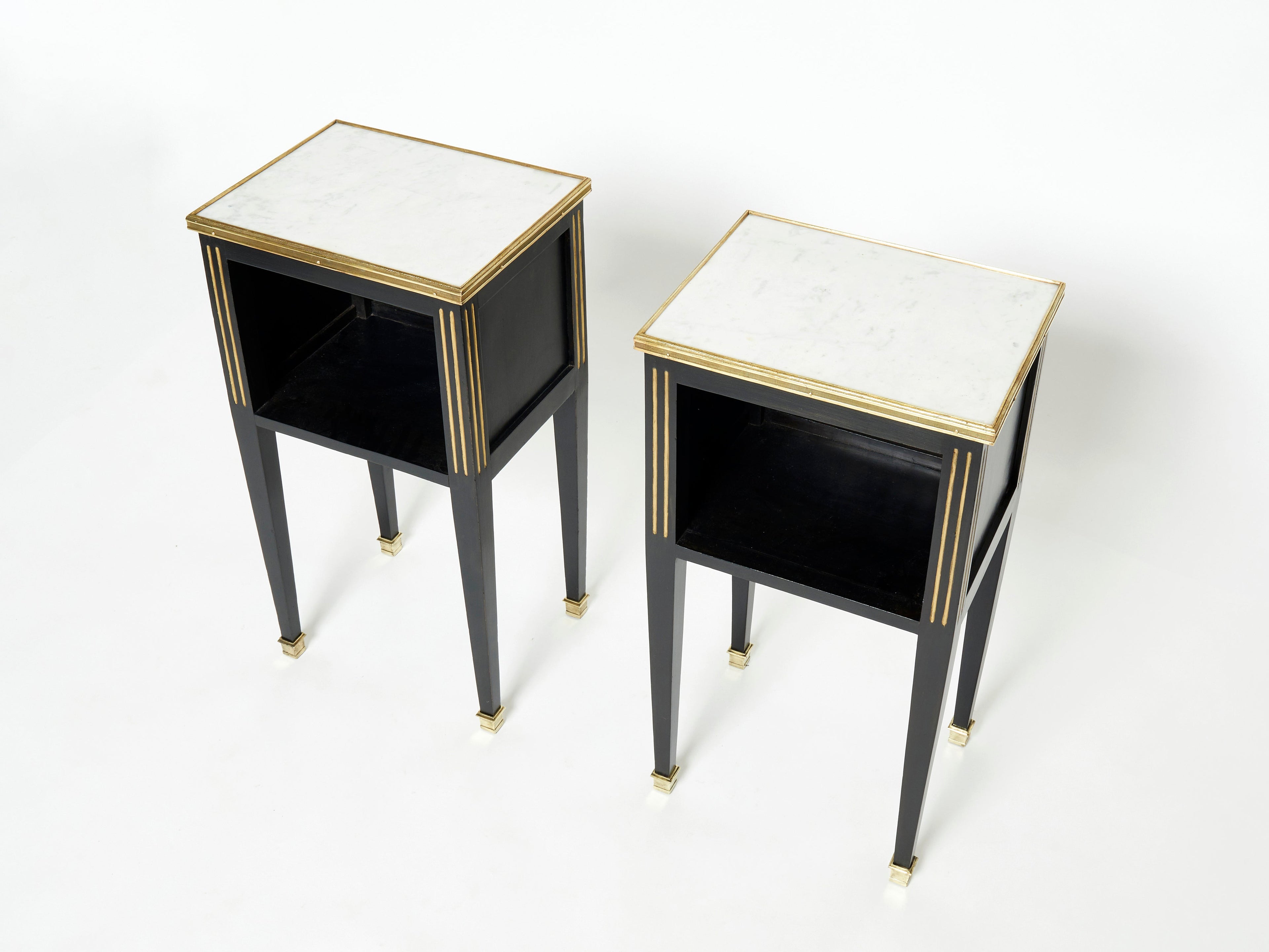 Pair of stamped Maison Jansen black brass marble nightstands 1950s