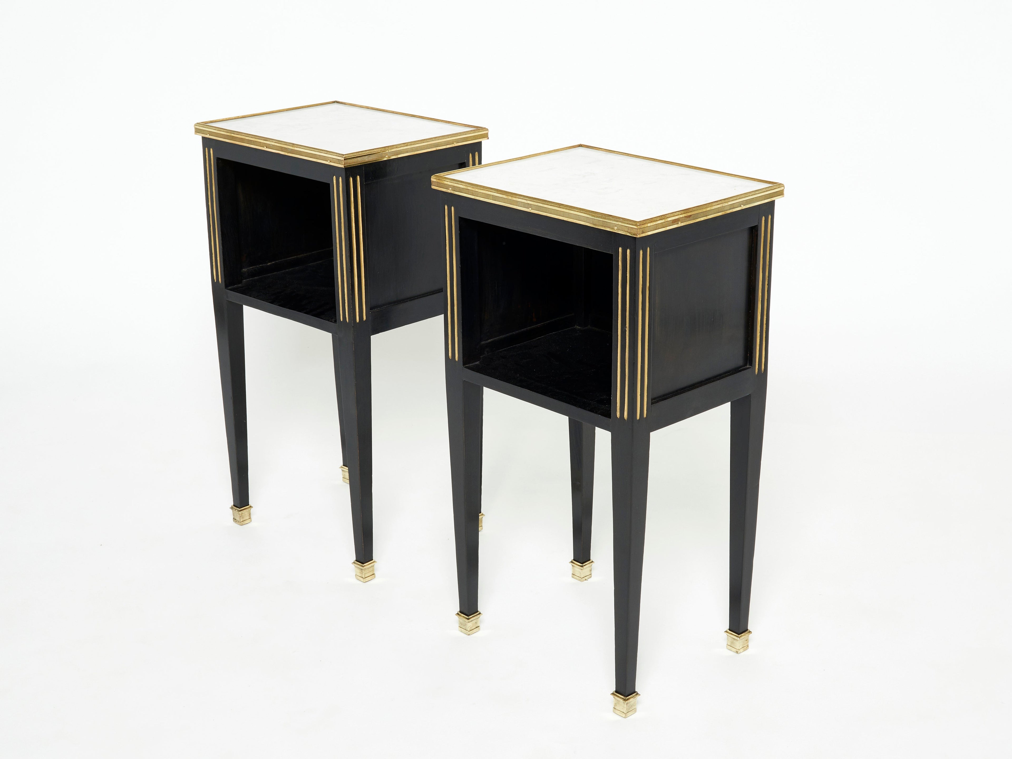 Pair of stamped Maison Jansen black brass marble nightstands 1950s