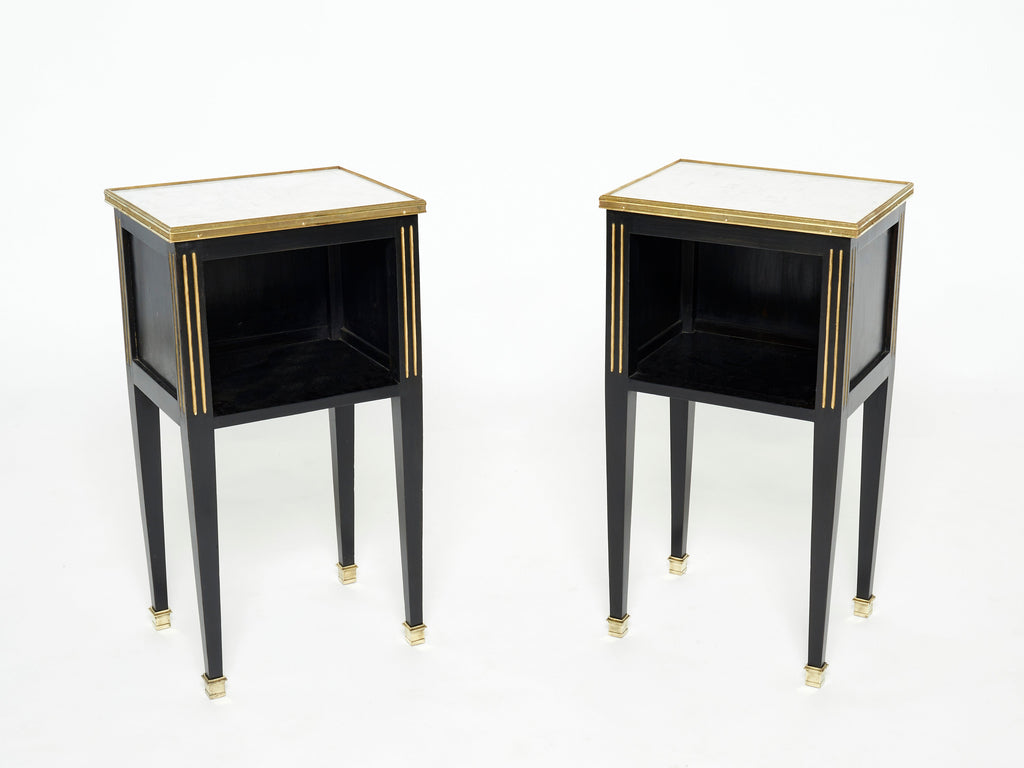 Pair of stamped Maison Jansen black brass marble nightstands 1950s
