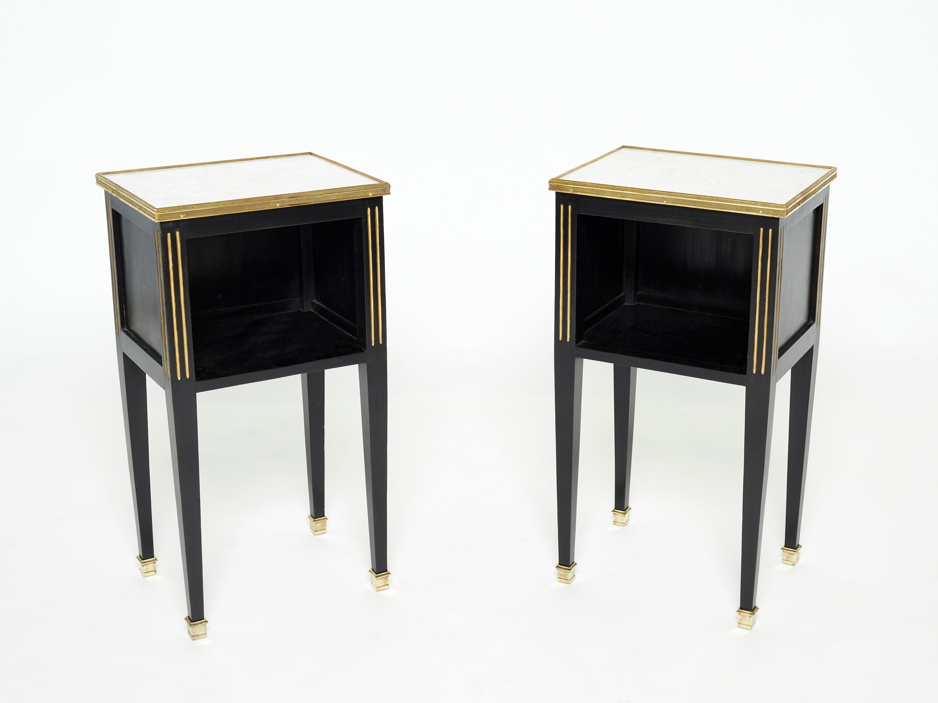 Pair of stamped Maison Jansen black brass marble nightstands 1950s