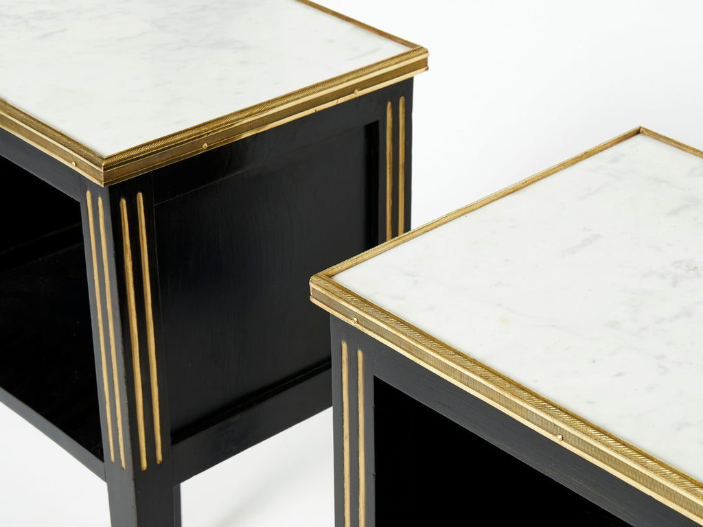 Pair of stamped Maison Jansen black brass marble nightstands 1950s