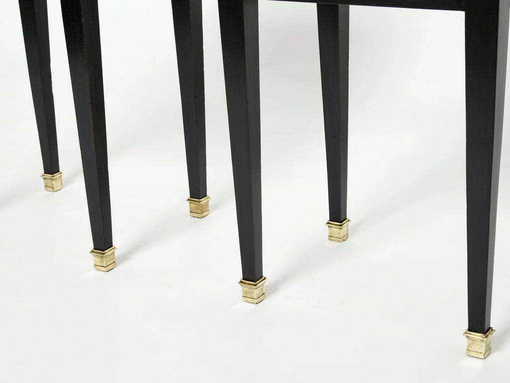 Pair of stamped Maison Jansen black brass marble nightstands 1950s