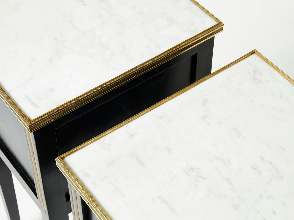 Pair of stamped Maison Jansen black brass marble nightstands 1950s