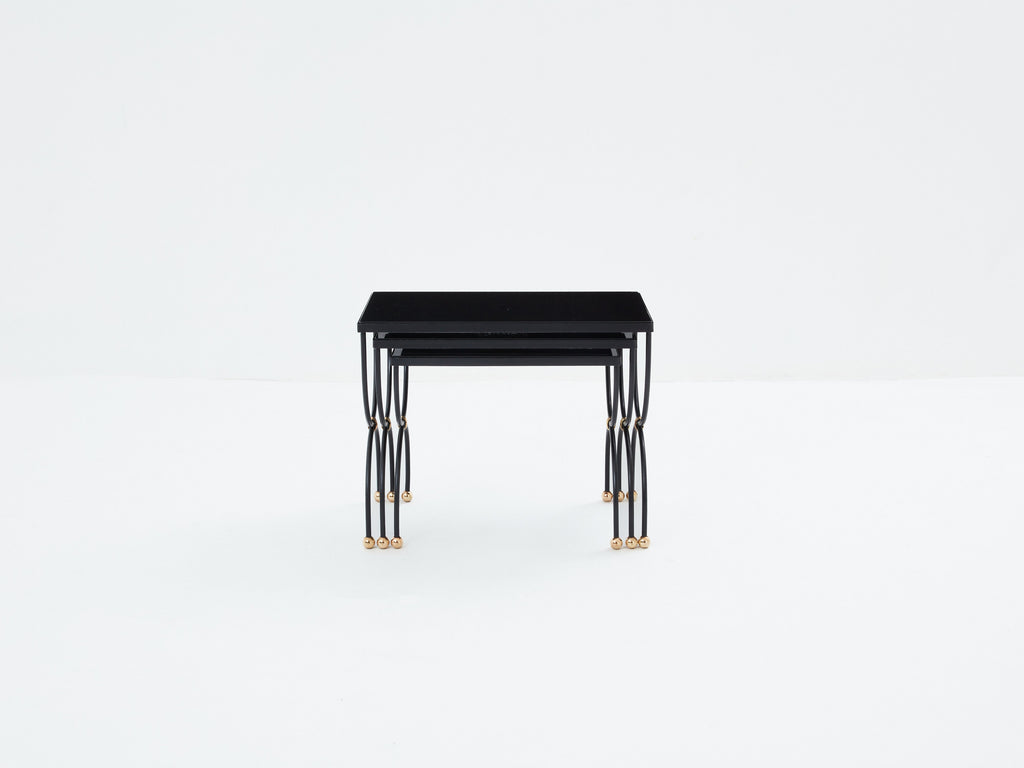 Maison Jansen black brass opaline glass nesting tables 1960s