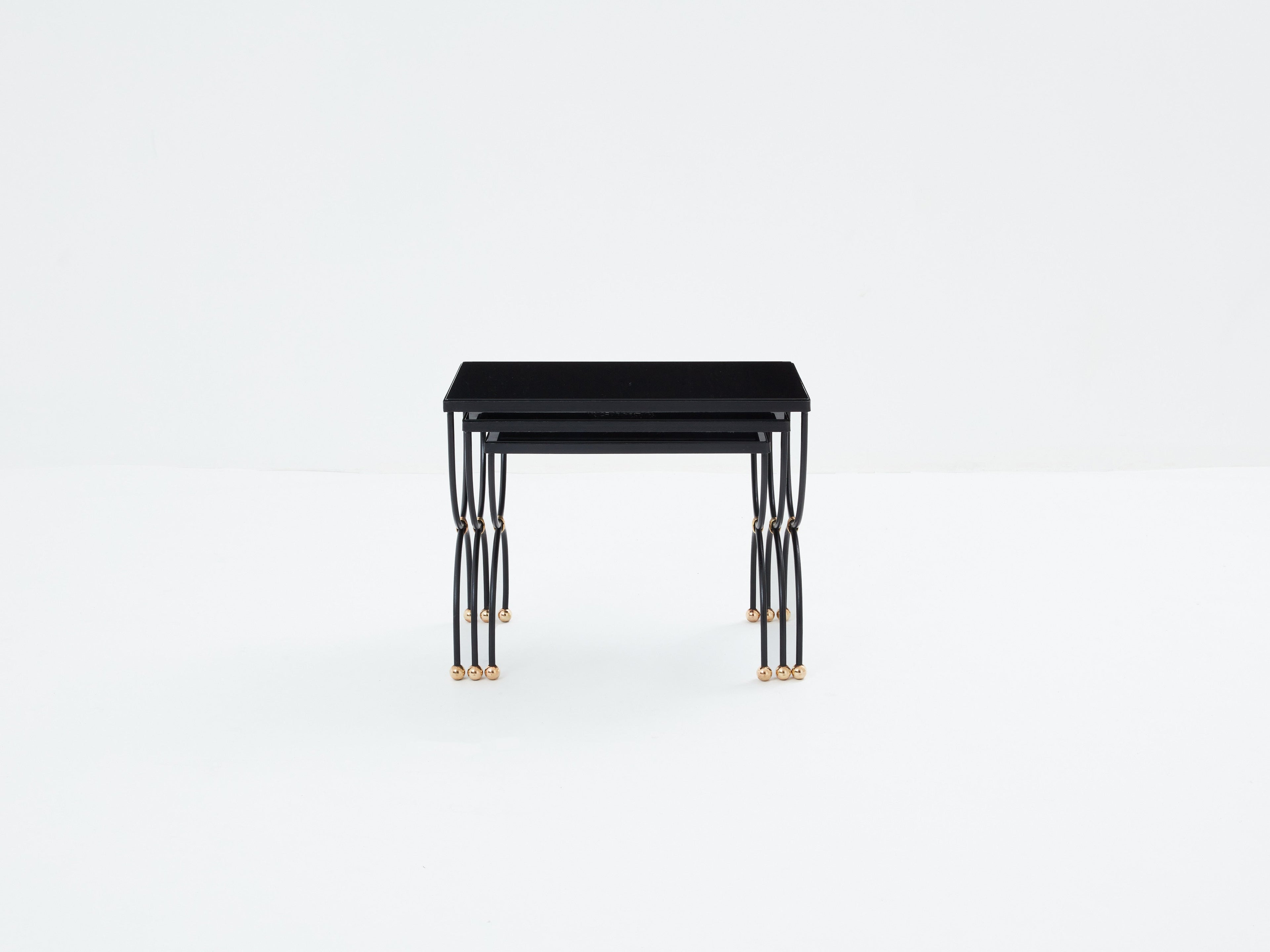 Maison Jansen black brass opaline glass nesting tables 1960s